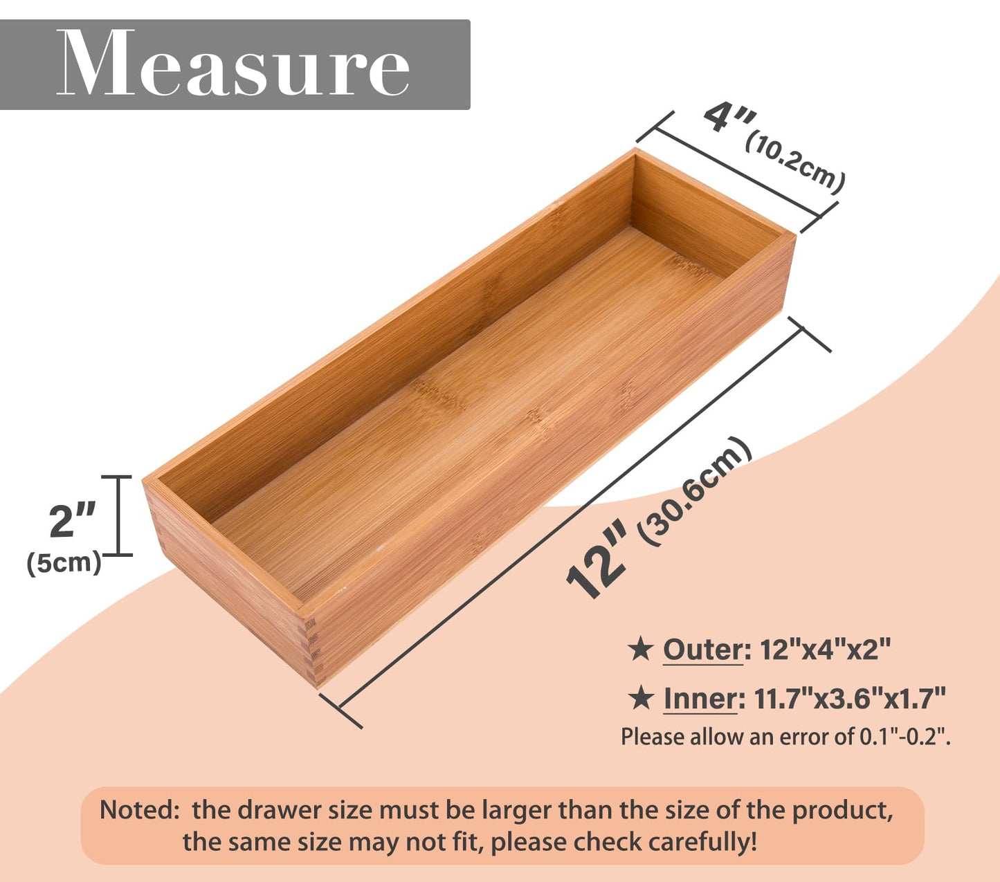 Sansnow Bamboo Drawer Oragnizer Box, Kitchen Seasoning Organizer Tray, Tableware Knife Fork Organizer Box, Home Drawer Sorting Box, Bamboo 12"*4"
