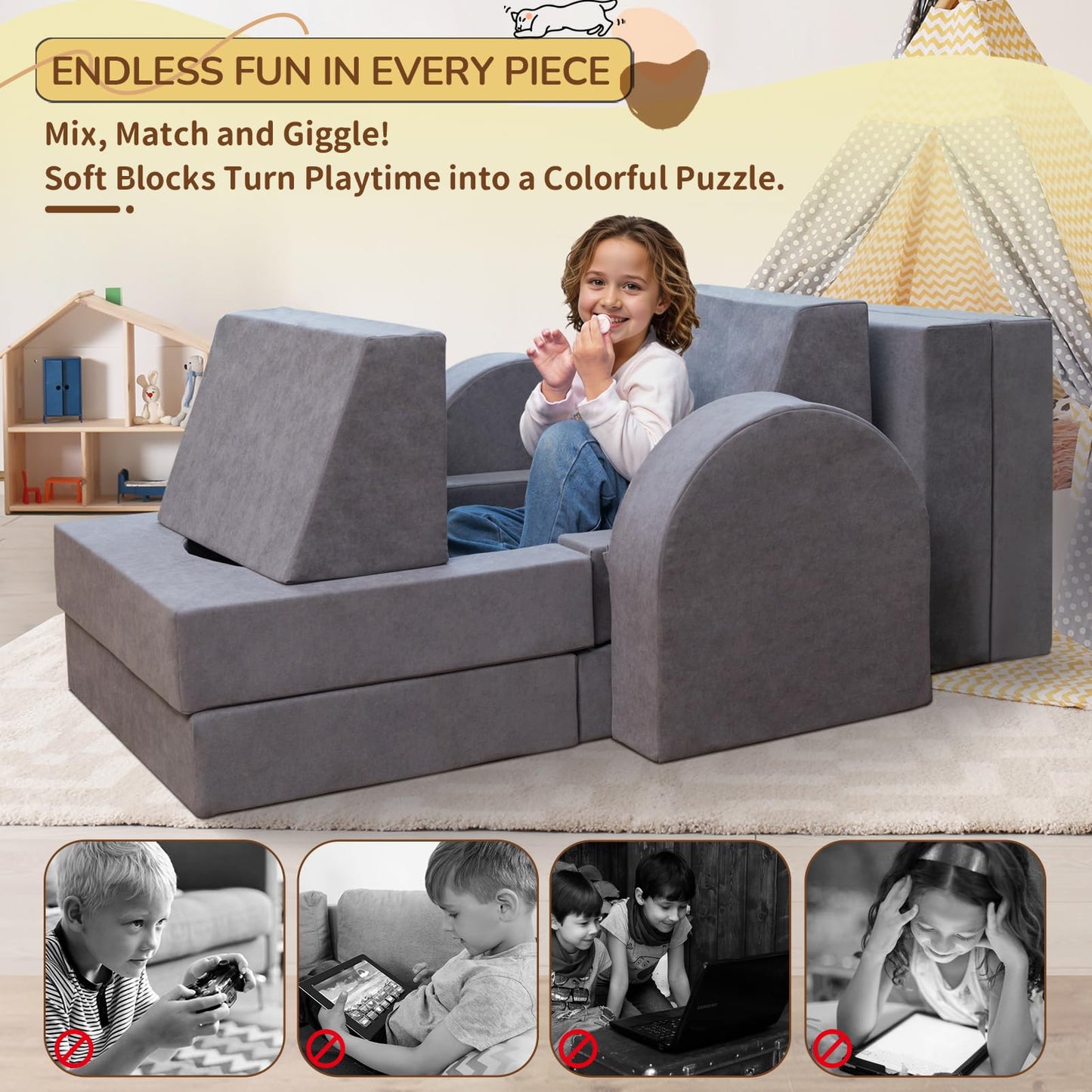 Fvkind 10 Pcs Modular Kids Play Couch, Multifunctional Foam Kids Couch for Playroom, Convertible Sectional Toddler Sofa for Boys and Girls, Toddler Sofa with Premium Foam and Washable Cover, Grey