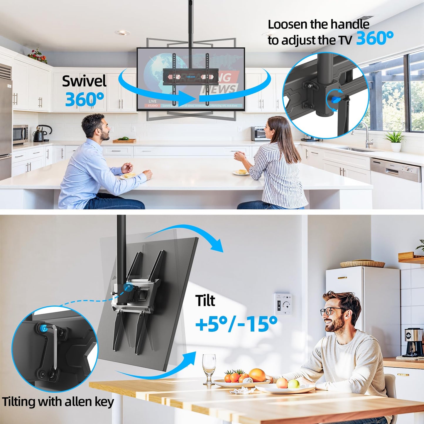 USX STAR Ceiling TV Mount for 26-65 inch TVs, 360° Swivel Full Motion Ceiling Mount TV Bracket, Height Adjustable, Tilt TVs Ceilings Mounts, Supports up to 110 Lbs, Max VESA 400x400mm
