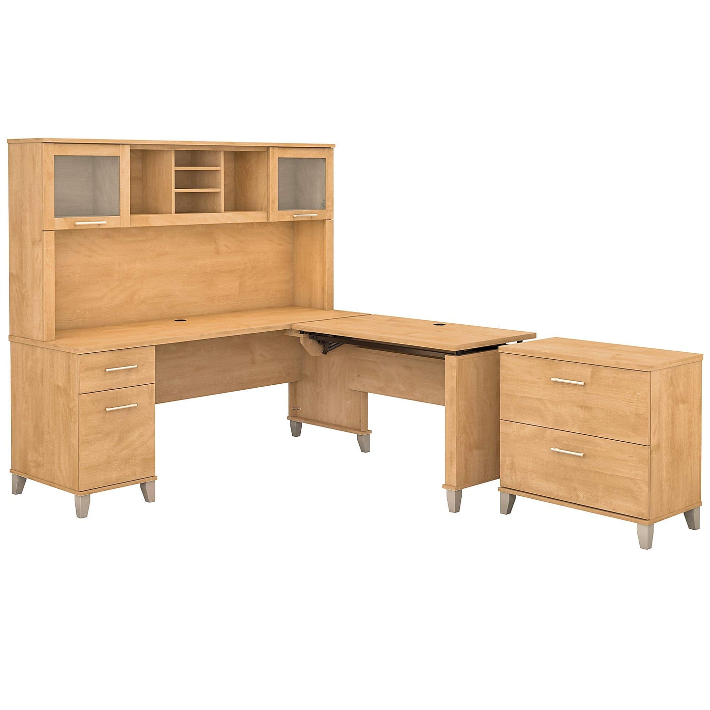 Bush Furniture Somerset 72W 3 Position Sit to Stand L Shaped Desk with Hutch and File Cabinet in Maple Cross