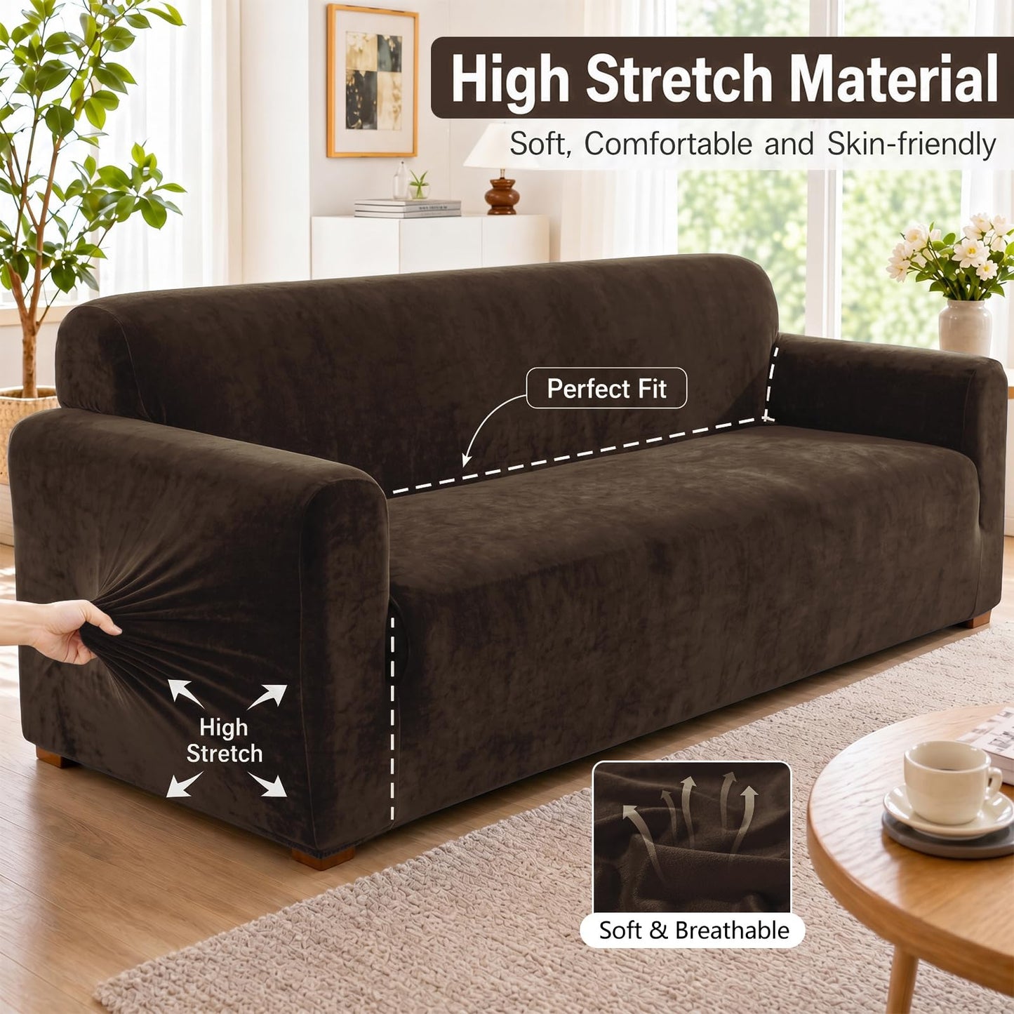 YEMYHOM Real Velvet Couch Covers for 2 Cushion Couch High Stretch 1 Piece Loveseat Slipcover for Pets Dogs Anti Slip Love Seat Sofa Slipcover Furniture Protector (55"-69", Dark Coffee)