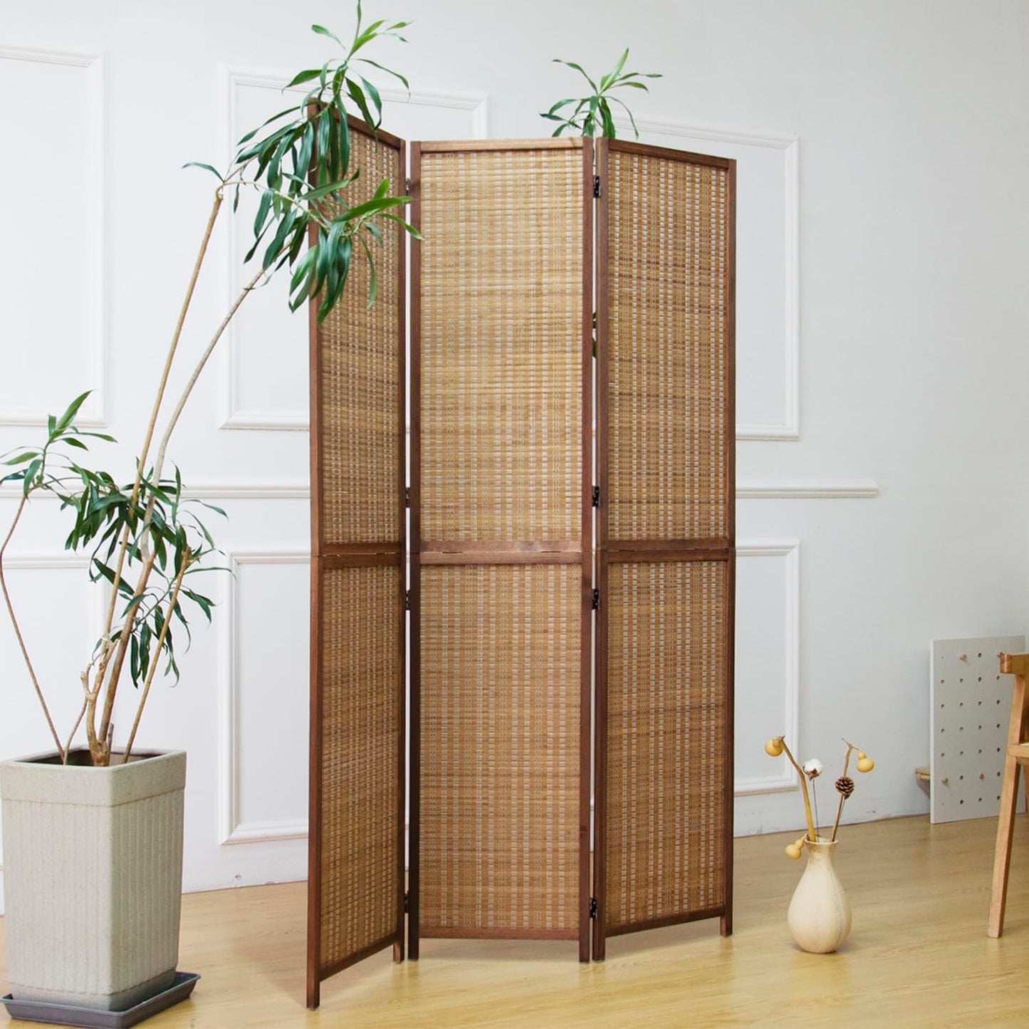 Furnnylane 3 Panel Detachable Room Divider, 5.6 ft Tall Two in One Bamboo Privacy Screen (Converts into 2 Low Dividers), Folding Panel Divider for Room Separation, Natural Brown (67" H x 46" W)