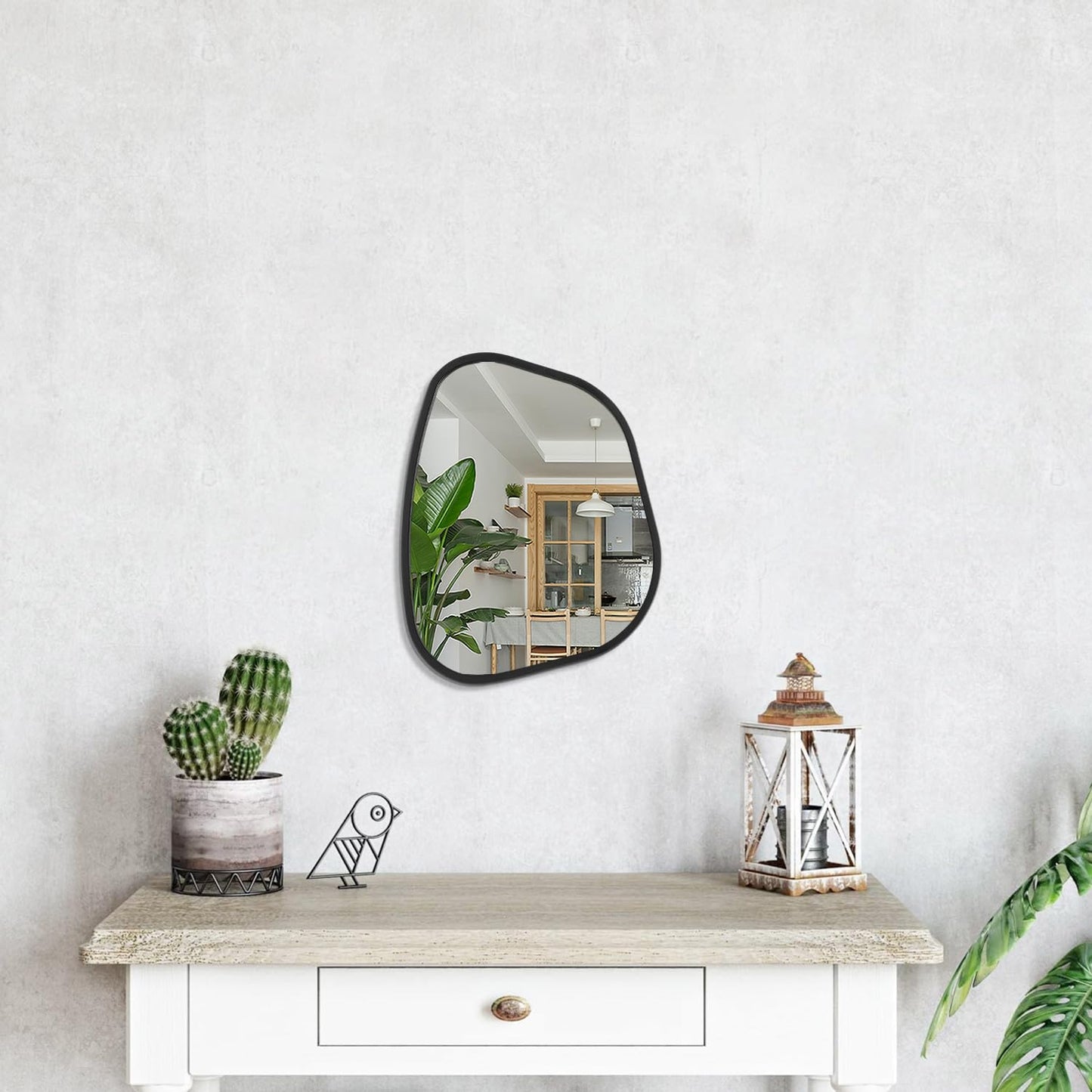 HLFMVWE Irregular Wooden Framed Wall Mirror Modern Asymmetrical Unique Hanging Mirror Artistic Boho Mirror Decor Bathroom Vanity Bedroom Living Room Entryway Hallway 14'' x 10''