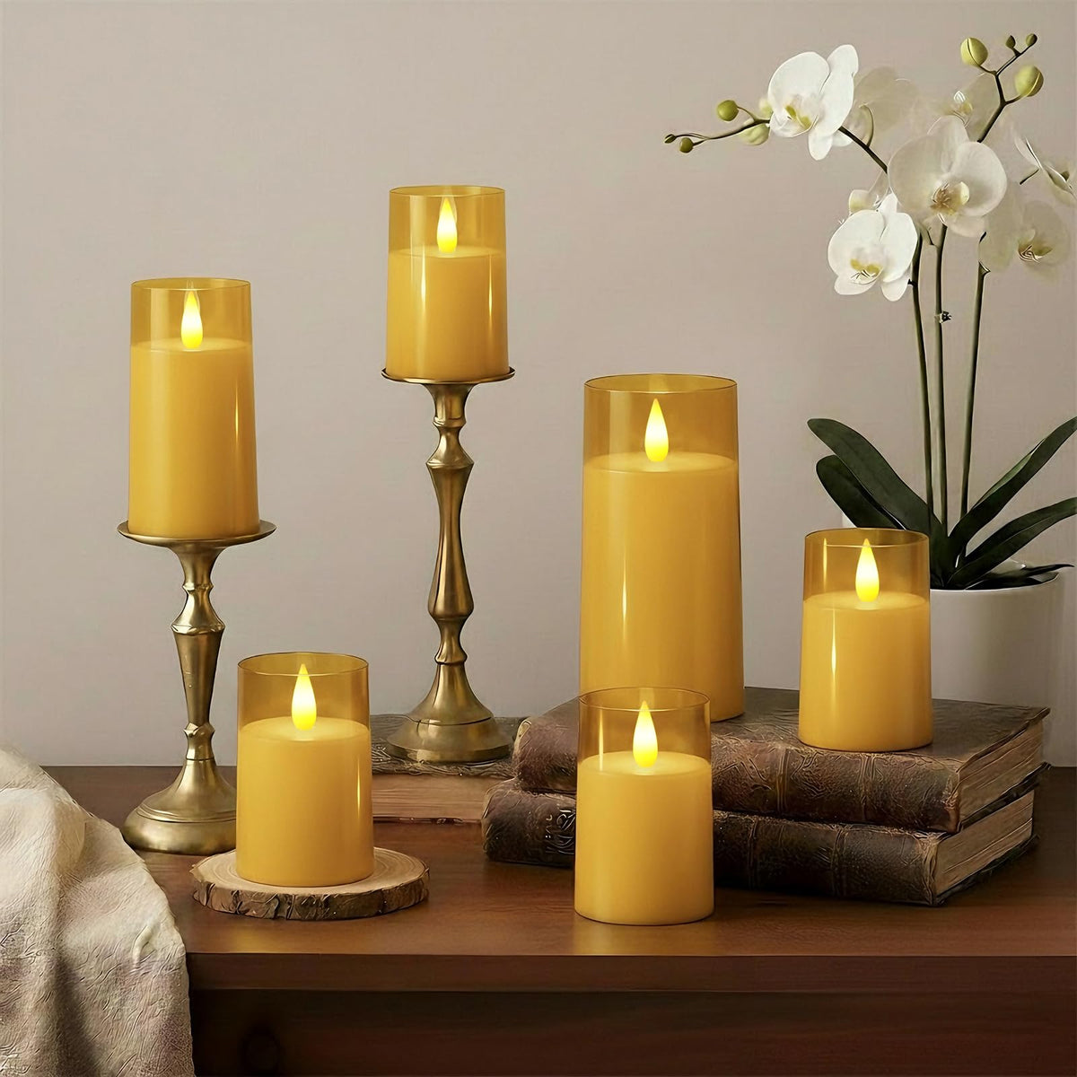 Raycare Flameless Electronic Pillar Candles with Remote Control and Timer- Battery Operated Realistic Flickering LED Fake Candle for Home, Wedding, Valentine's Day Decor, Gold,Set of 2(3"x6"6")