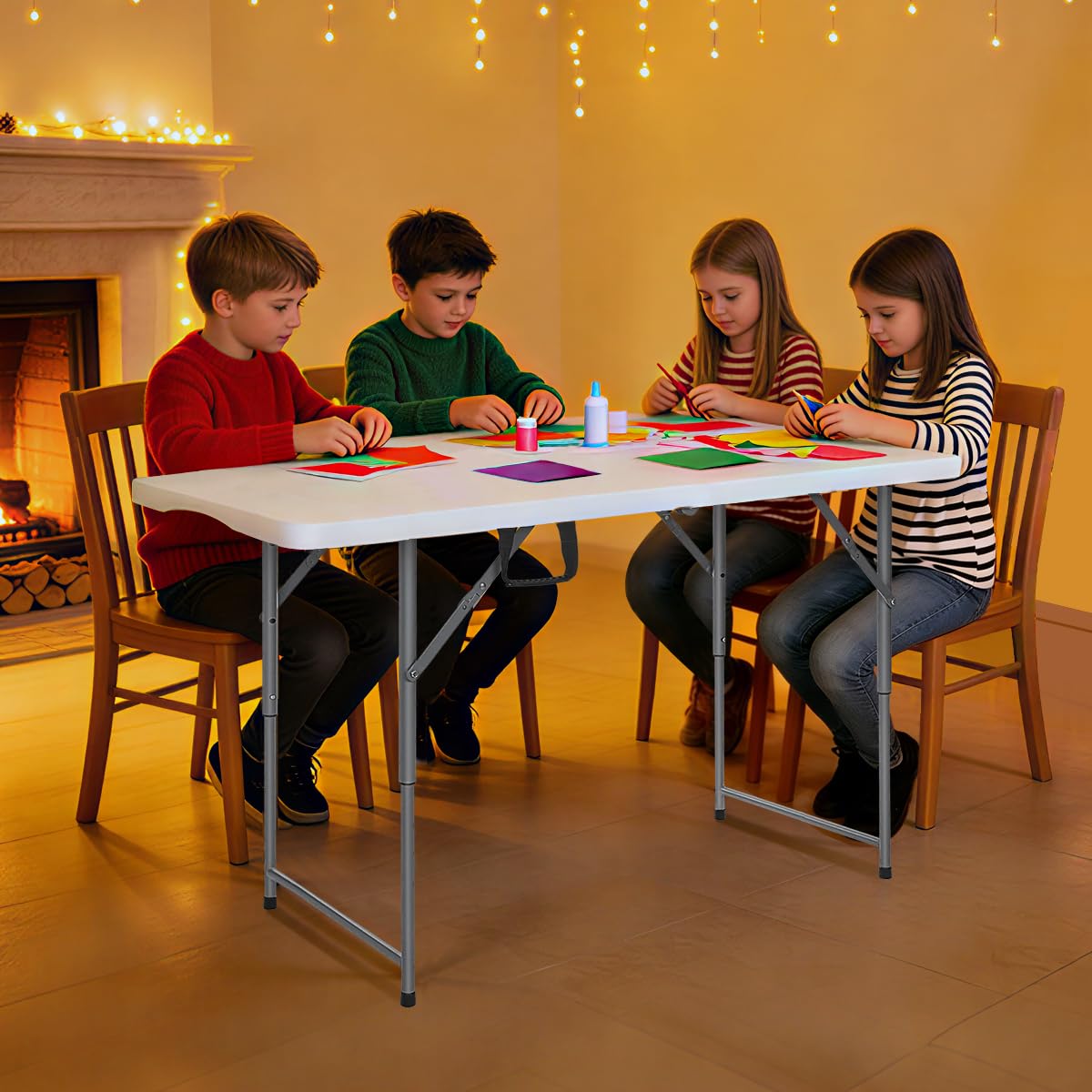 Vampire Killer FoldingTable 4 Foot Portable Heavy Duty Plastic Table and Adjustable Height Folding with Carrying Handle,Indoor Outdoor with Kids Table, Picnic,Party,Camping White