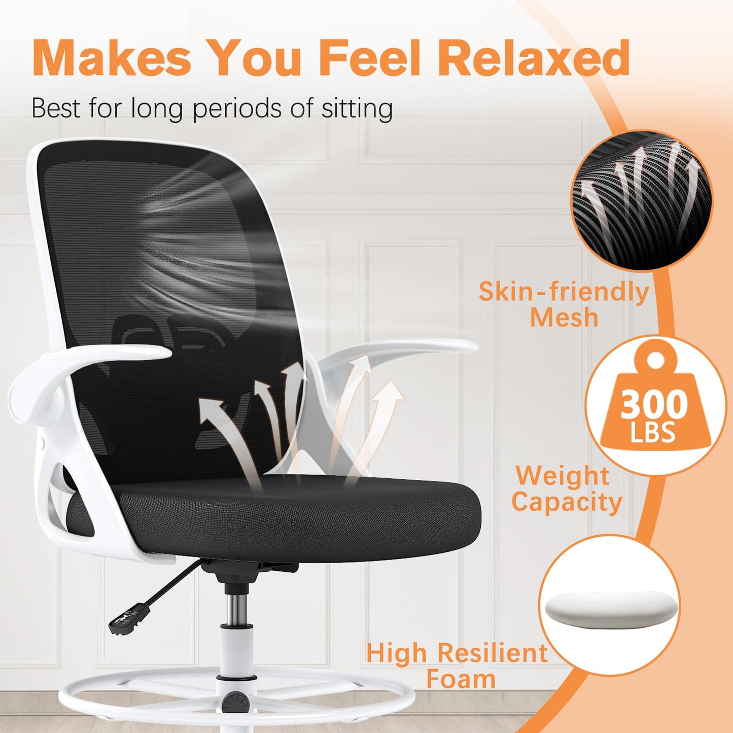 ORRSAKER Drafting Chair, Tall Office Chair with Flip-up Arms, Mesh Ergonomic Computer Standing Desk Chair with Adjustable Height Foot Ring and Lumbar Support, 300 LBS Capacity, White