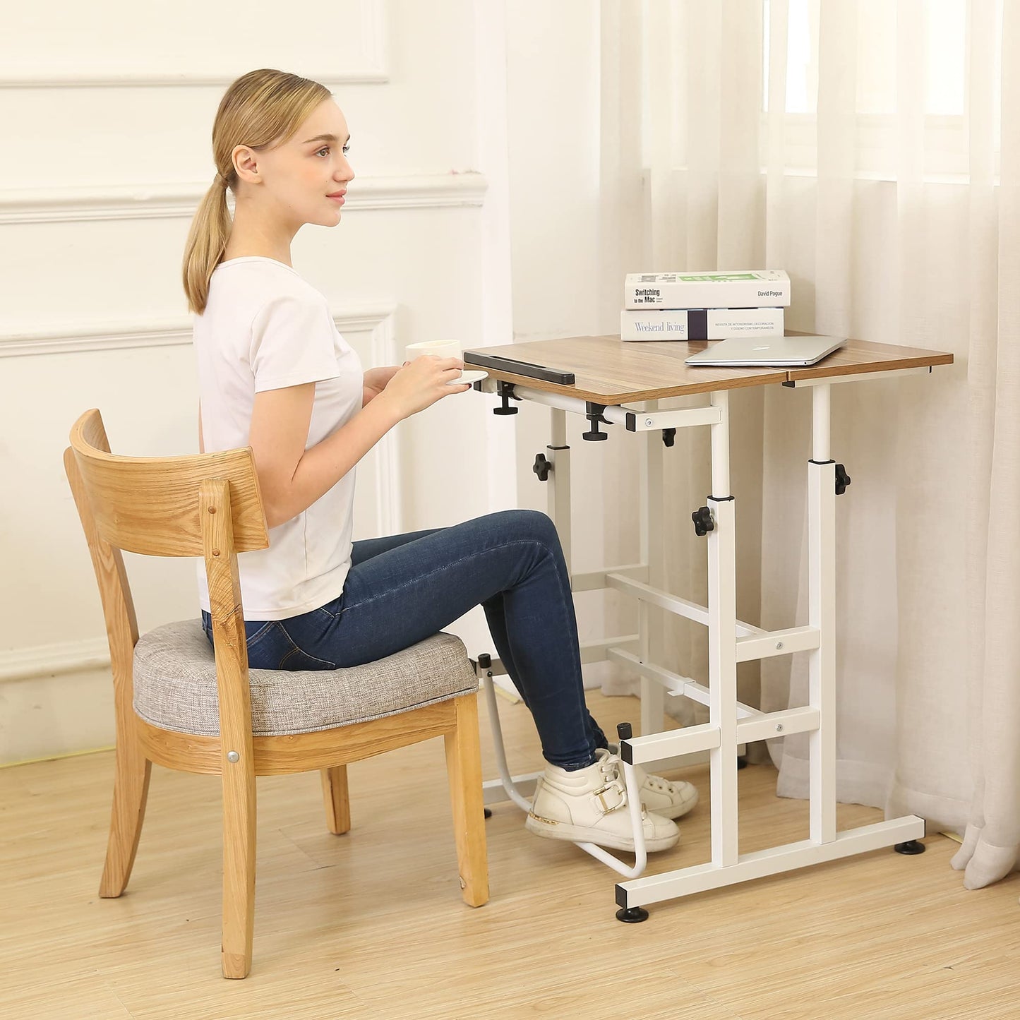 SDADI L101XWFDT Adjustable-Height Steel-Framed Mobile Standing Office Computer Desk with 2 Tiers and Lockable Caster Wheels, Dark Grain