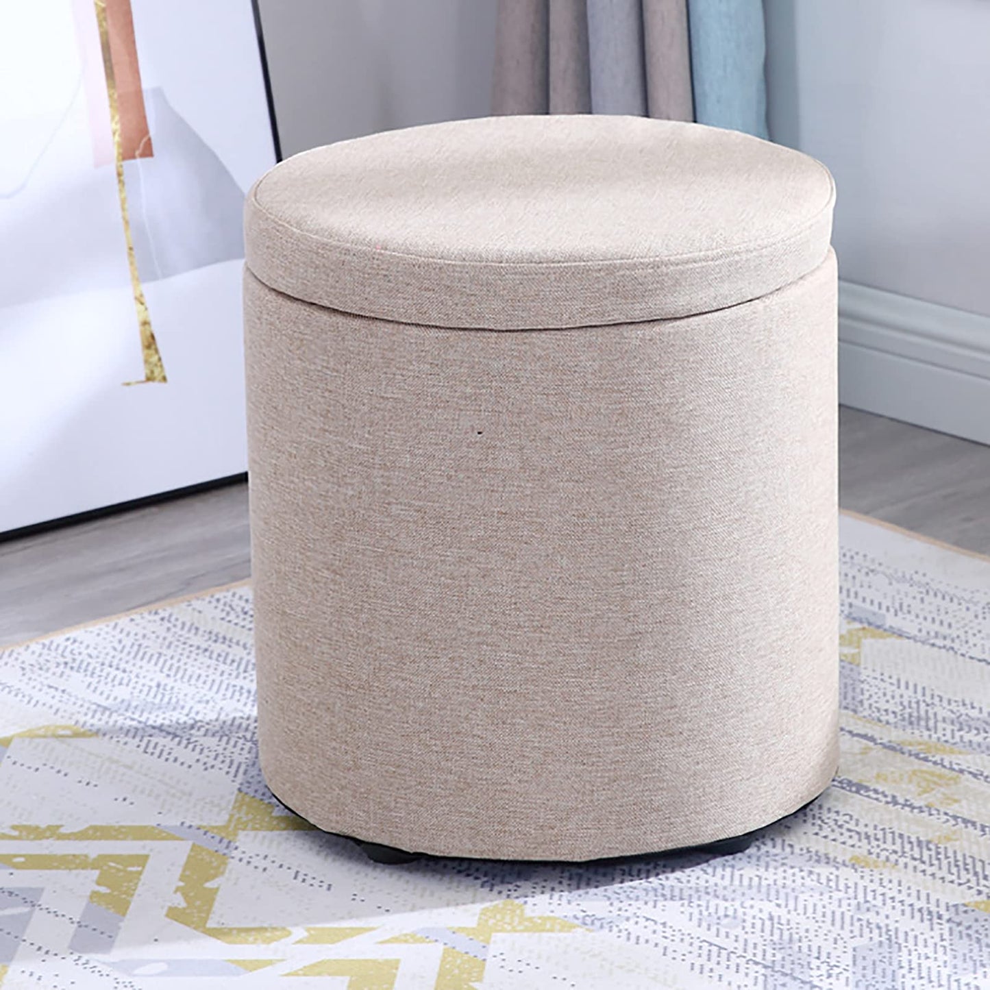 Storage Round Pouffe Stool,Ottoman Footstool,Dressing Table Stool Change Shoe Footrest Removable Lid for Living Room Bedroom,Khaki-L, Large