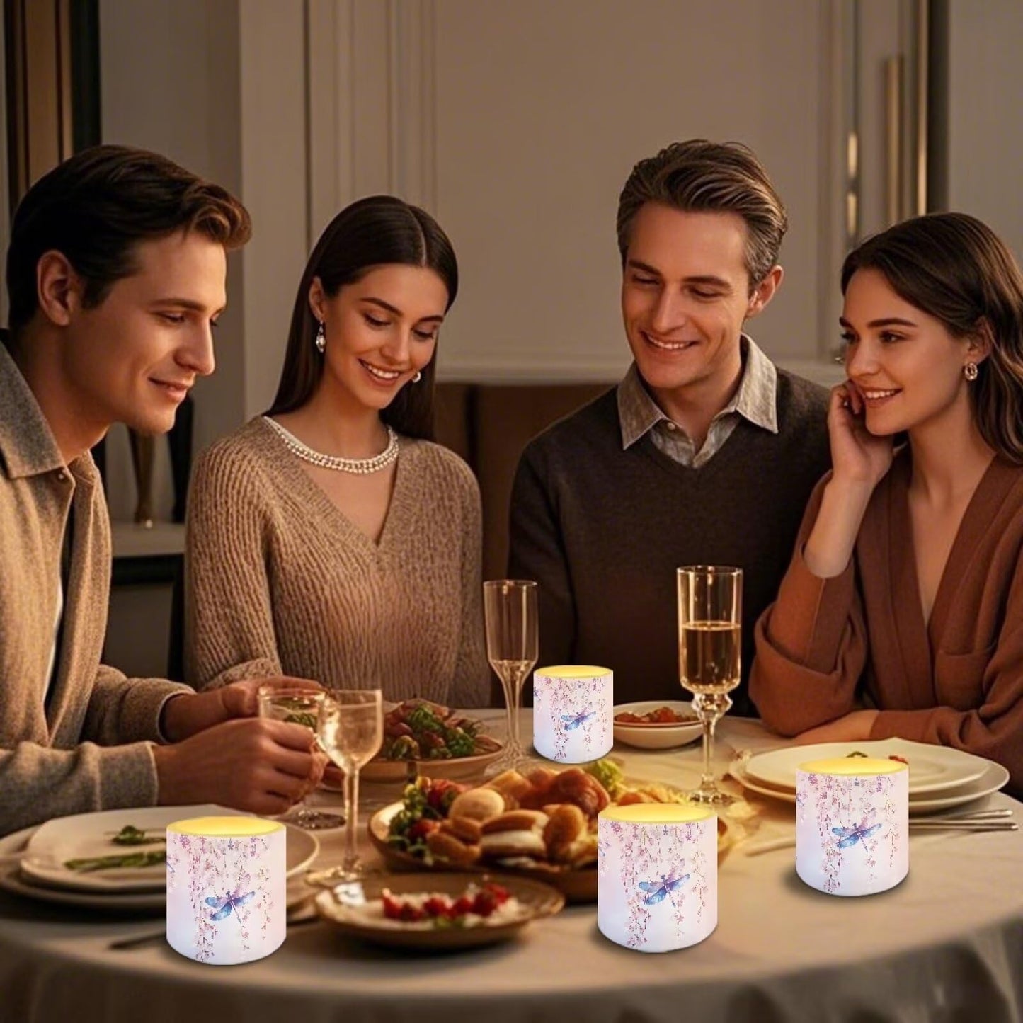 Cozeyat Cherry Blossom Dragonfly LED Candles Set of 4 Battery Powered Flameless with Remote Timer Flickering Flame Waterproof for Beach Home Table Use
