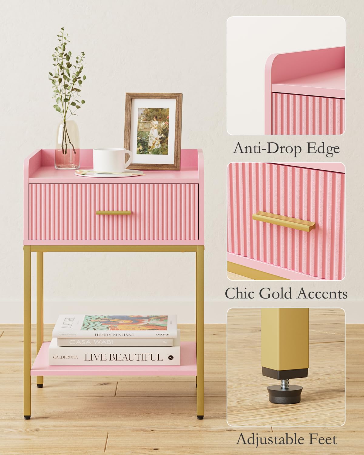 Apetaccat Nightstand, 3-Tier Bed Side Table, Small End Table, Night Stand with Open Shelf and Drawer, Bedside Table for Bedroom, Living Room, Pink