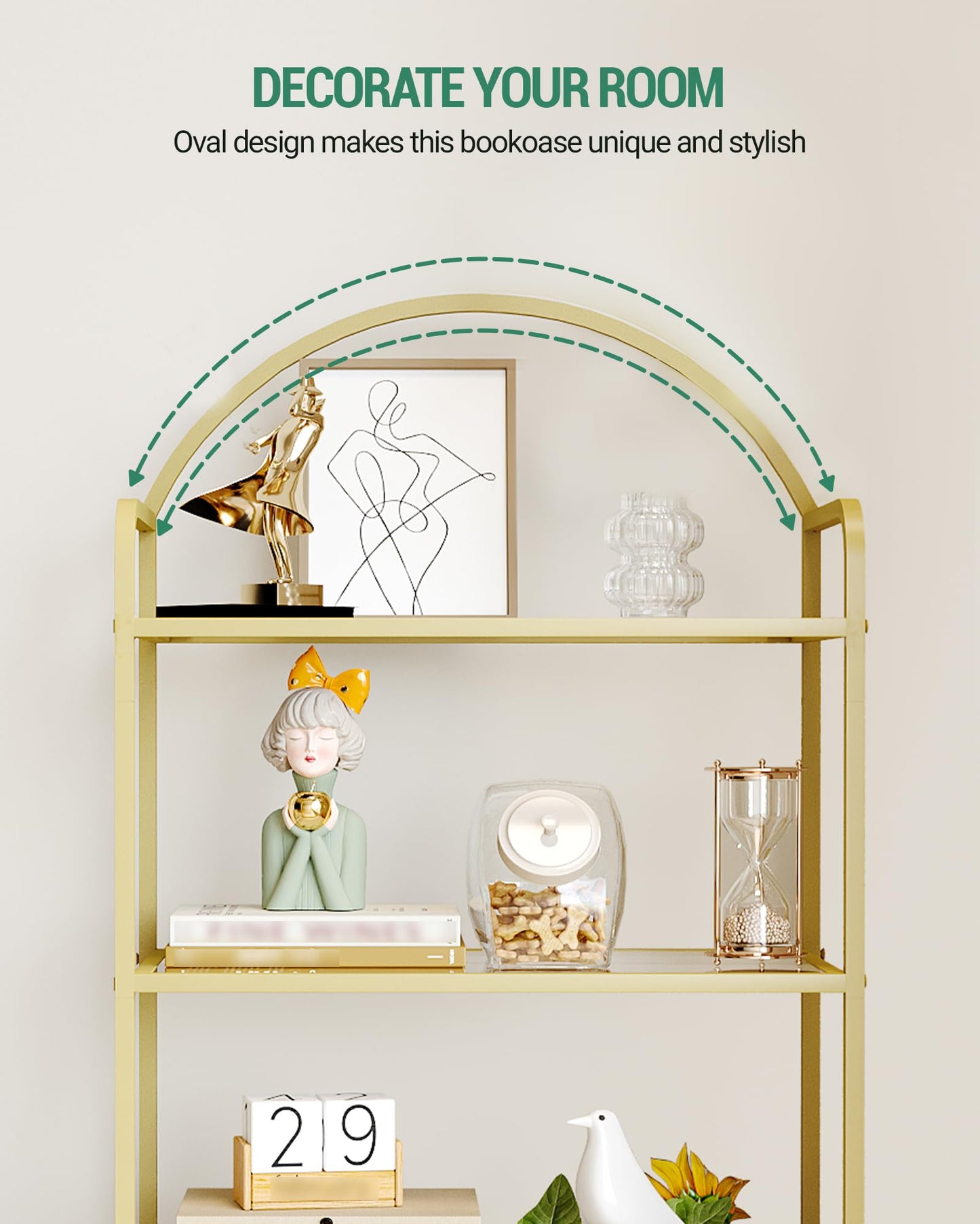 Hzuaneri Bookcase Bookshelf, Tempered Glass Bookshelves, Slim Shelving Unit for Bedroom, Bathroom, Home Office, Steel Frame, 5 Tier Gold BC21599G