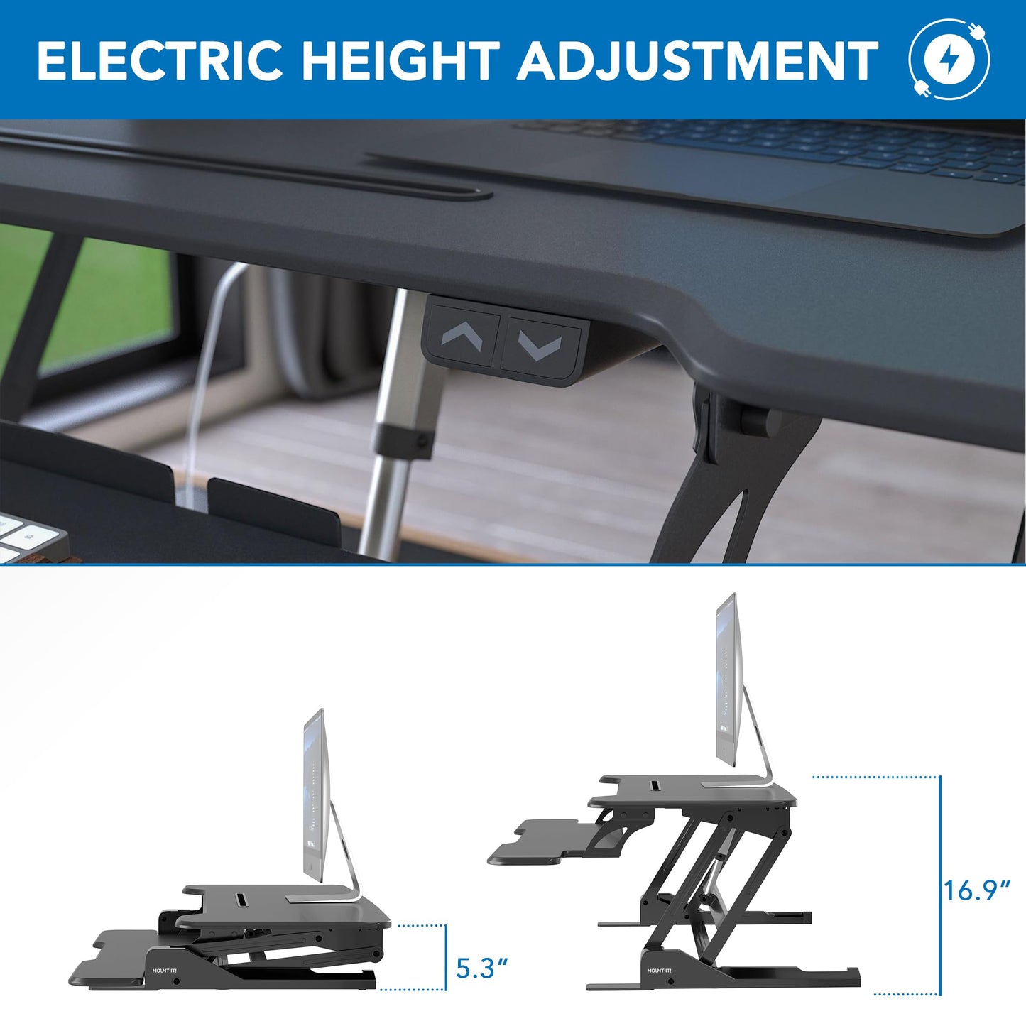 Mount-It! Electric Standing Desk Converter with 38" Tabletop, Height Adjustable Sit Stand Desk Riser, Motorized Desk Riser with Keyboard Tray and Device Slot, Fits Monitor & Laptop, Black