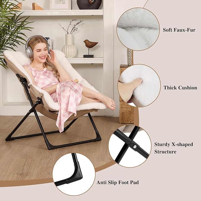 Comfy Saucer Chair for Adults, Soft Faux Fur Bedroom Chair, Accent Dorm Chairs