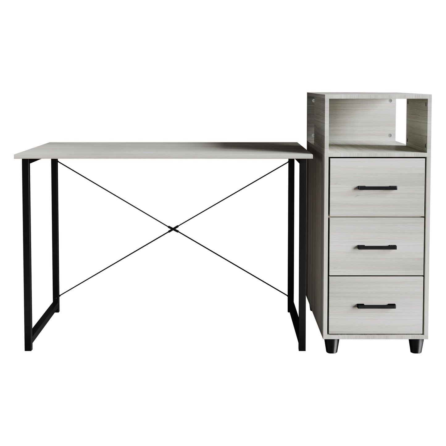 Castle Place Wooden Writing Desk with Sturdy Metal Frame, Movable Side Cabinet and 3 Drawers, Light Grey