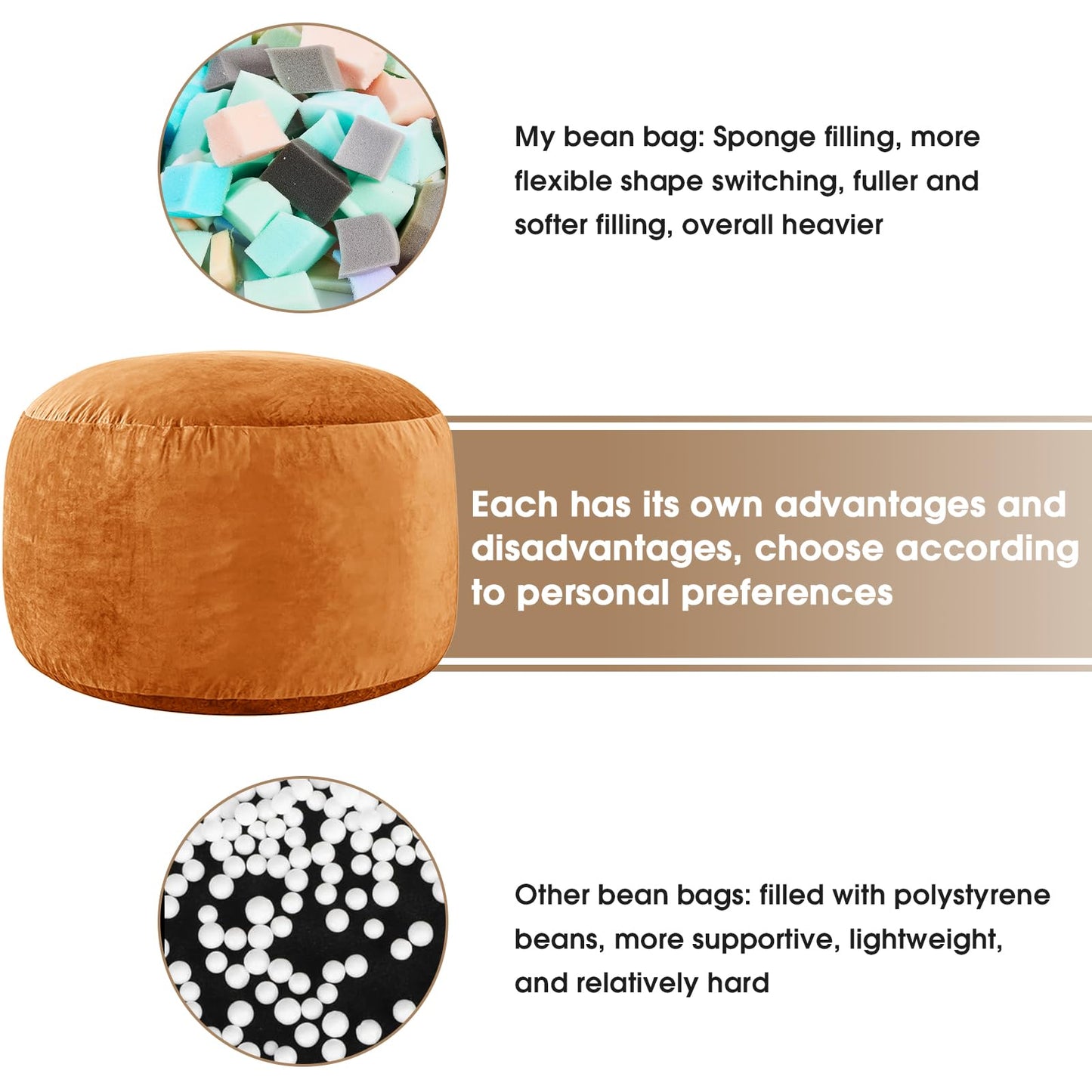 ILPEOD Bean Bag Chairs for Adults - Memory Foam Furniture BeanBag Chair - Kids/Teens Sofa with Soft Micro Fiber Cover - Round Fluffy Couch for Living Room Bedroom College Dorm - 3 ft, Golden Brown