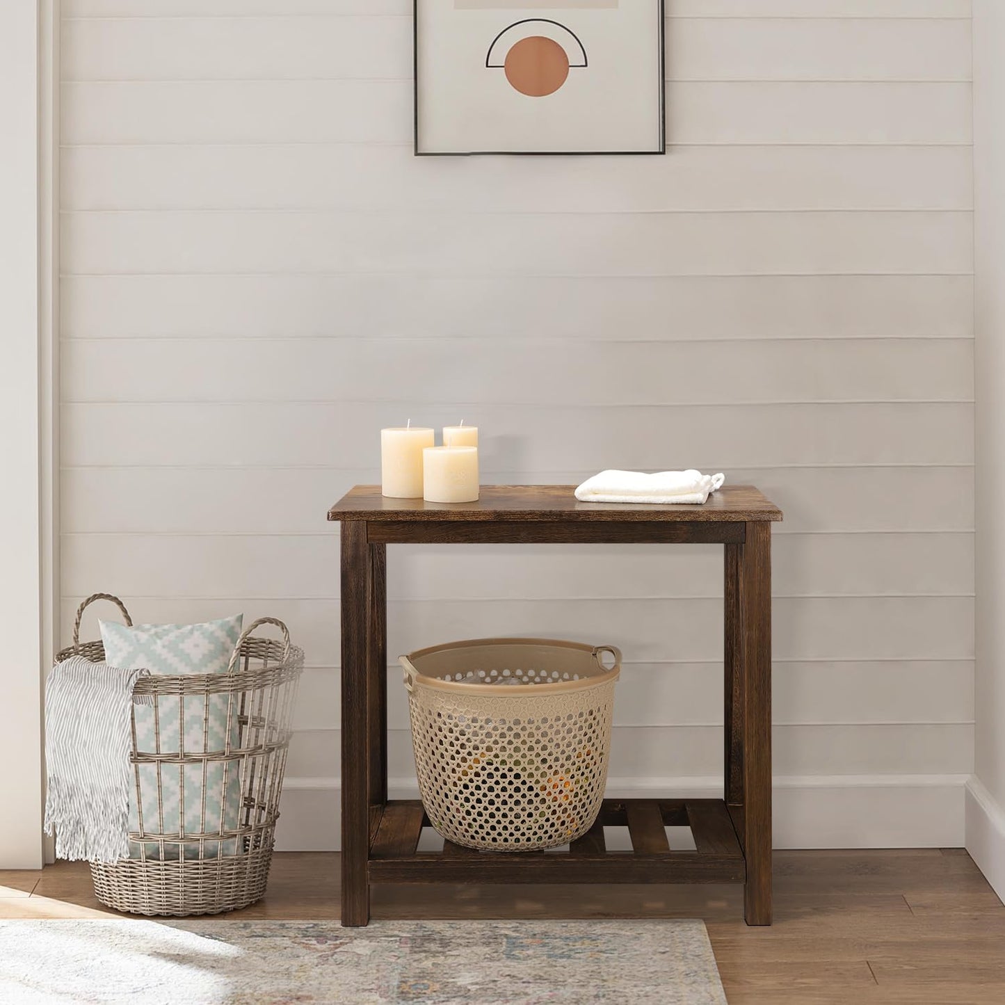FEUFOAM End Side Table with Storage Shelf Rectangle Narrow Nightstand Console Tables Brown Smooth End Table for Small Spaces Industrial Accent Side Table for Living Room Bathroom Bedroom