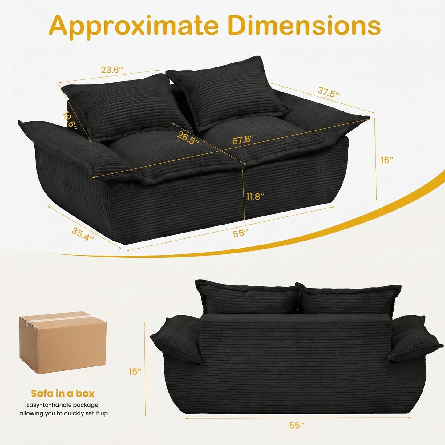 AOLVDOW 56" Boneless Loveseat Sofa, 2-Seater Black Boneless Sofa with Removable Cushions & 2 Pillows, Small Couch Boneless Compress Foam Sofa for Living Room, Apartments, & Office