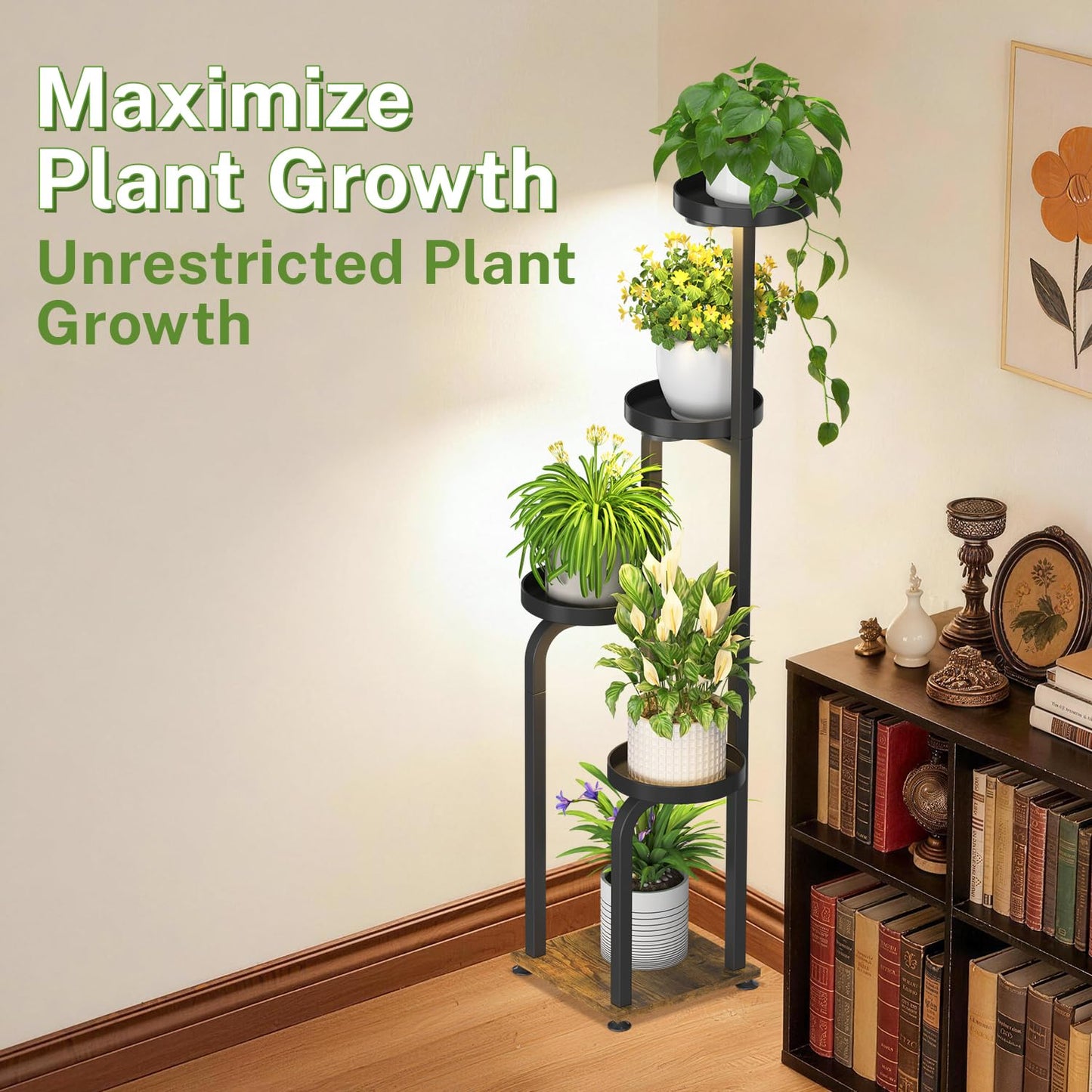 iDavosic.ly Tall Plant Stand Indoor with Grow Light, 4 Tier Corner Multiple Flower Holder Shelf with Metal Trays, Space Saving Display Rack for Living Room Balcony Patio Porch | Black & Brown