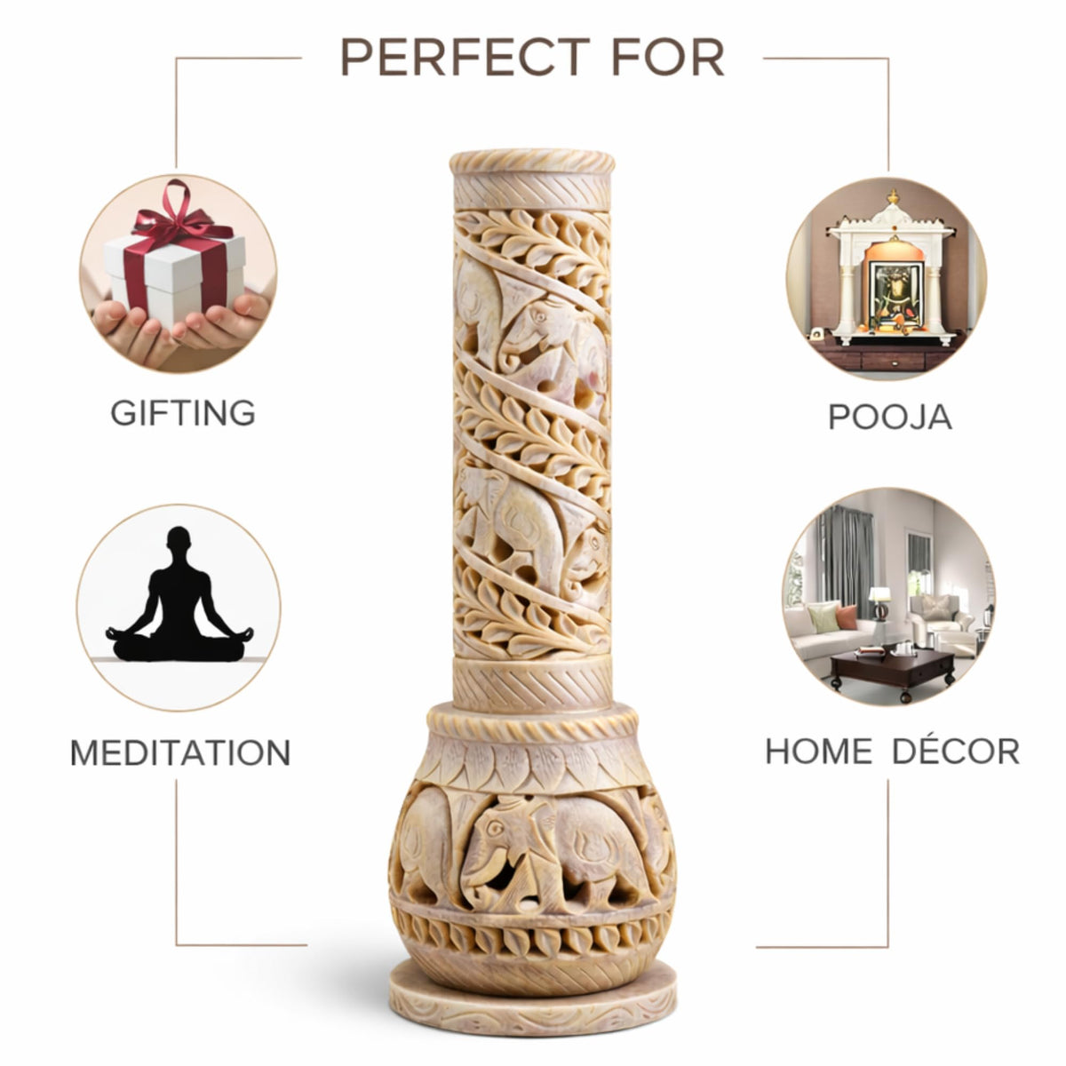 Carry Me Hand Carved Soapstone Incense Stick Holder | Candle Burner | Tea Light Stand. Elephant Jaali Carving Bottle Shape. Decorative Home and Kitchen Decor - (3x3x10.5 Inches)