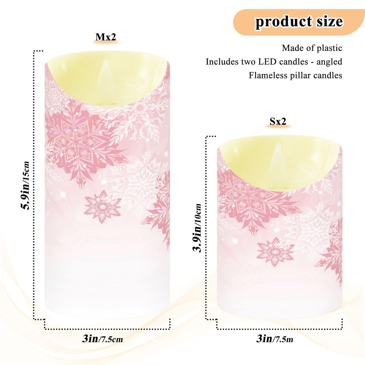 Christmas Flameless Candles Set of 2 Pink Snowflakes Realistic LED Candles with Remote Battery Operated Holiday Decorations