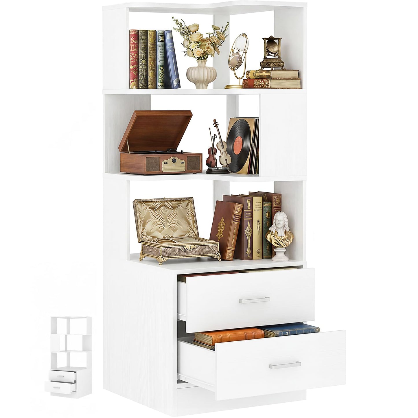 Armocity Corner Bookshelf with Drawers, 6 Tier Corner Book Shelf Display Bookcase, Freestanding L Shaped Bookshelf for Bedroom, Living Room, Home Office, White
