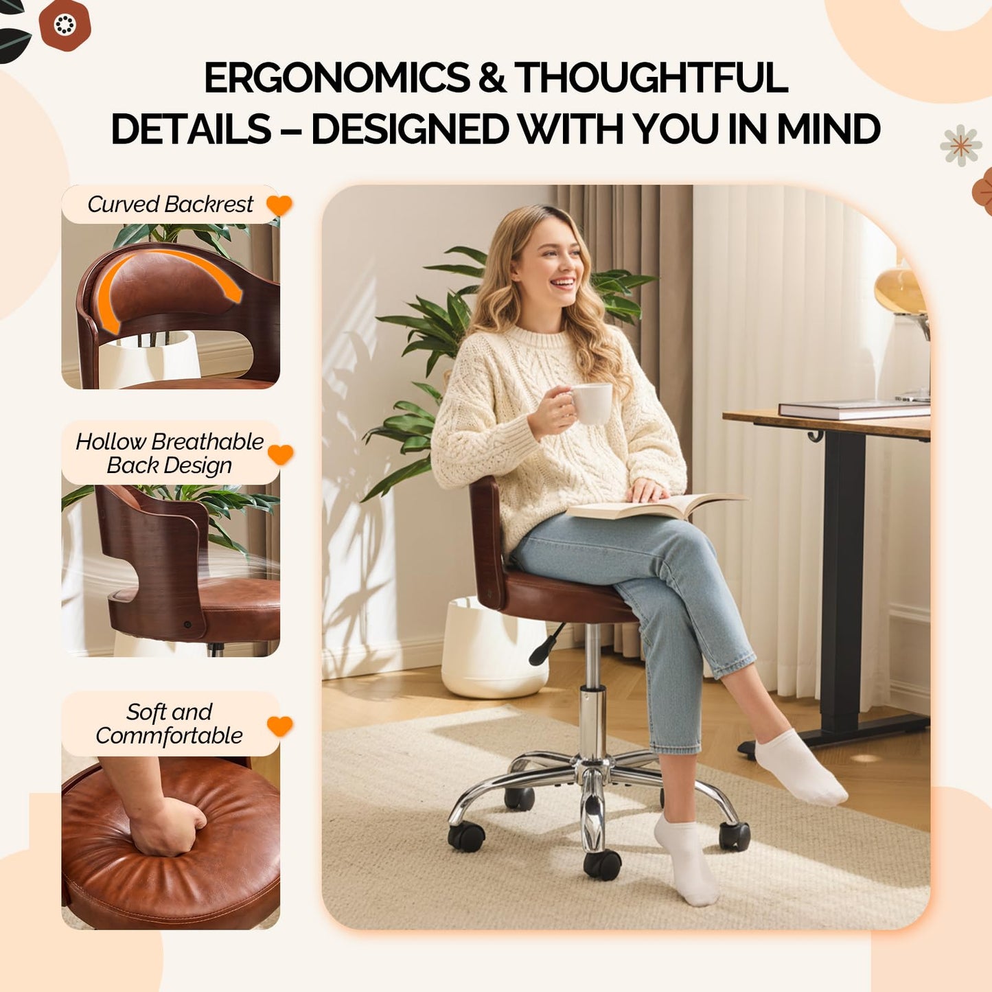 VINGLI Armless Home Office Desk Chair, Adjustable Swivel Chair,Dual-Use with/no Wheels,Small Retro Designed Walnut Curved Task Chair,Cushioned Nail Tech Chair for Study Area,Workspace,PU,Brown