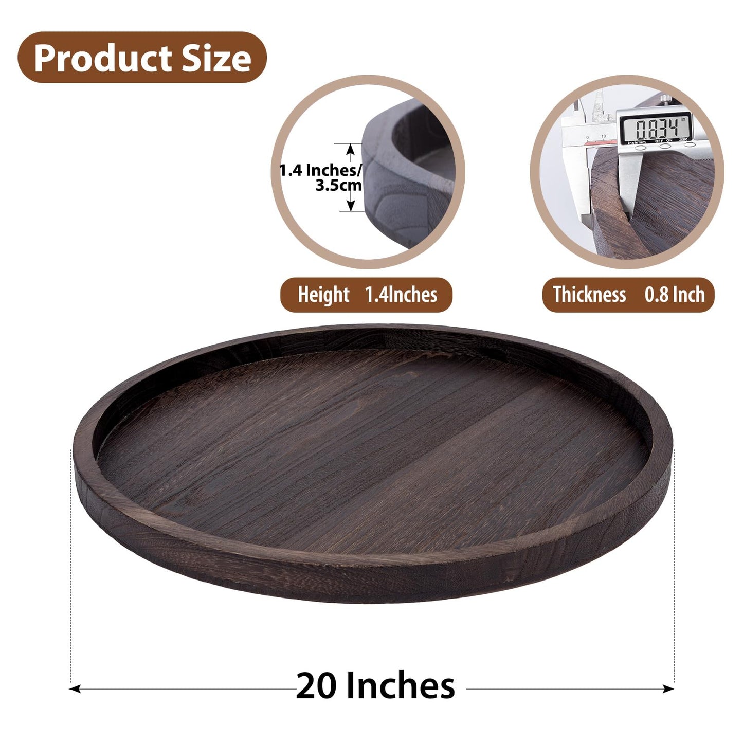Round Ottoman Tray Large Wood Serving Tray for Table Living Room Bedroom, 20 Inches Rustic Brown