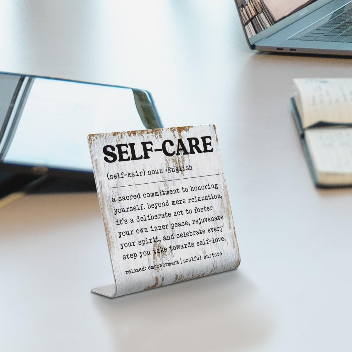 Self-Care Inspirational Desk Sign Inner Peace Self-Love Quote Plaque, Rustic Steel Decor for Therapists, Women, Friends, or Office Spaces, Daily Mental Wellness Reminder Gift XLK521