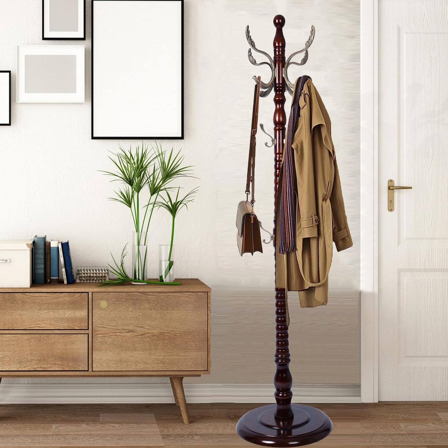 Sauqzoh Coat Racks Free Standing with 14 Hooks, Natural Wood Coat Stands for Entryway, Adjustable Height 73 in Tree Coat Rack Stand for Hallway Home Office Bedroom (Mahogany metal)