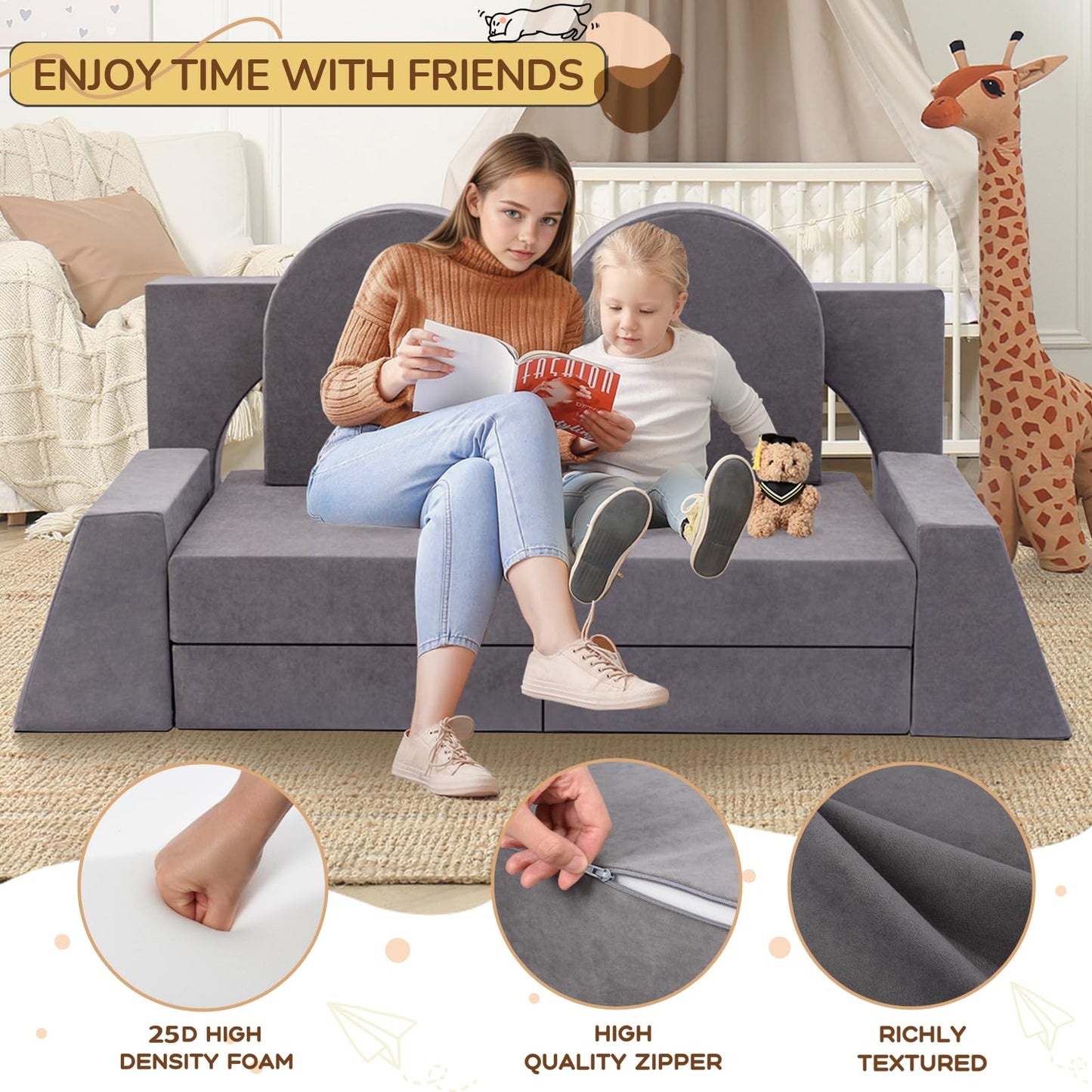 Fvkind 10 Pcs Modular Kids Play Couch, Multifunctional Foam Kids Couch for Playroom, Convertible Sectional Toddler Sofa for Boys and Girls, Toddler Sofa with Premium Foam and Washable Cover, Grey