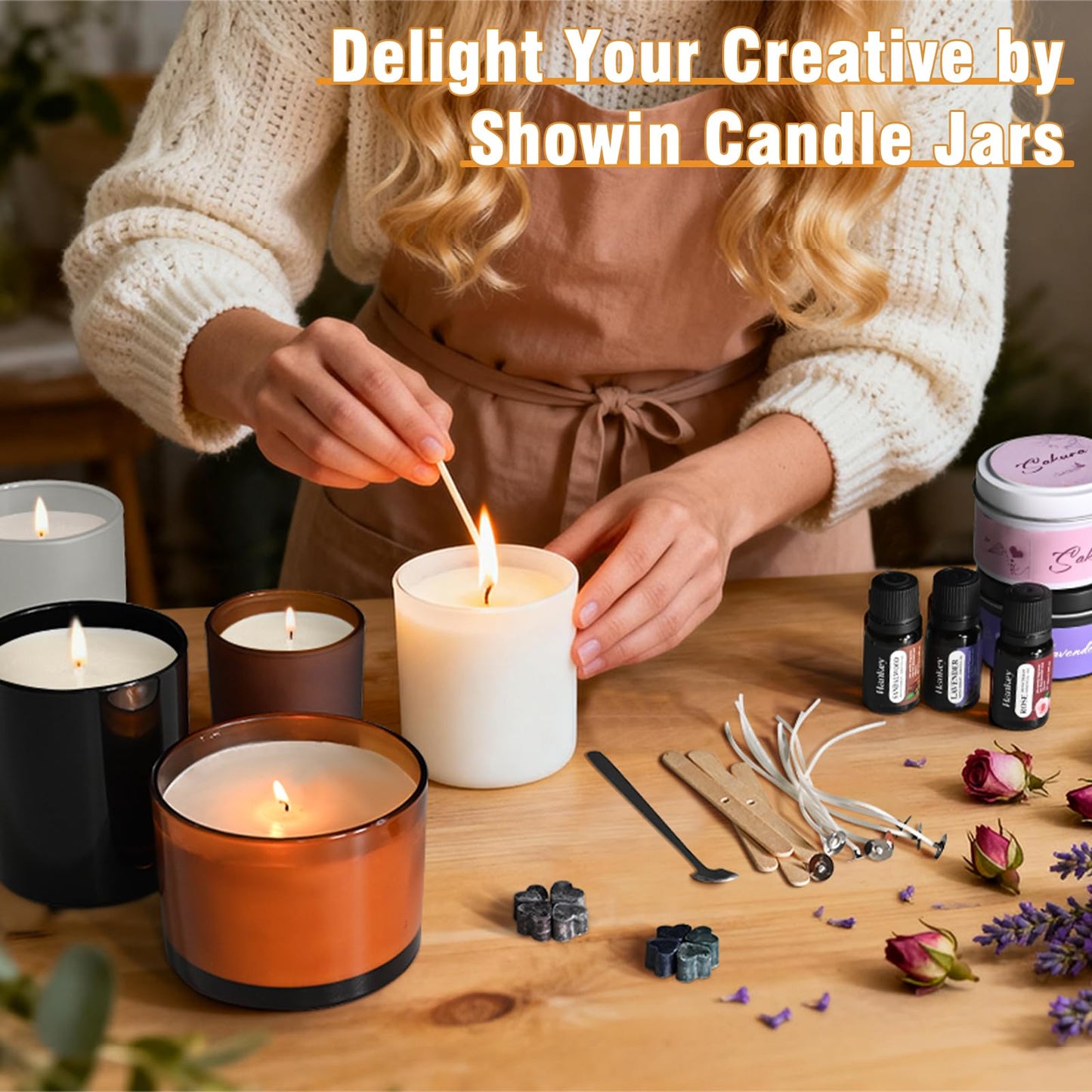 SHOWIN 10 OZ Thick Candle Jars for Making Candles 15 Pcs, Empty Jars with Wood Lids for Candle Making, Sample Container, Rose Gold
