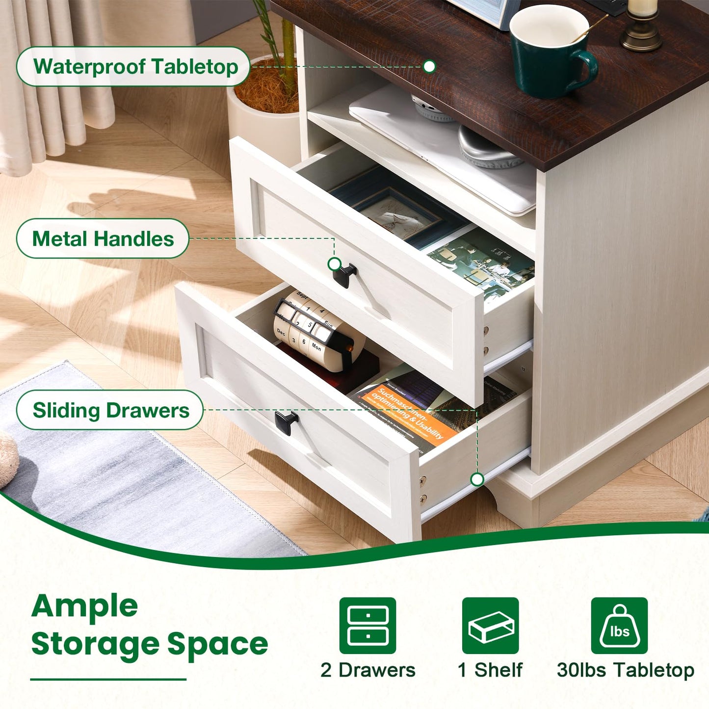 20-Inch Wide Modern Nightstands Set of 2 with Charging Station & Outlets, Bedside Tables with 2 Drawers and Open Shelf, Sleek Design End Tables for Bedroom and Office, White