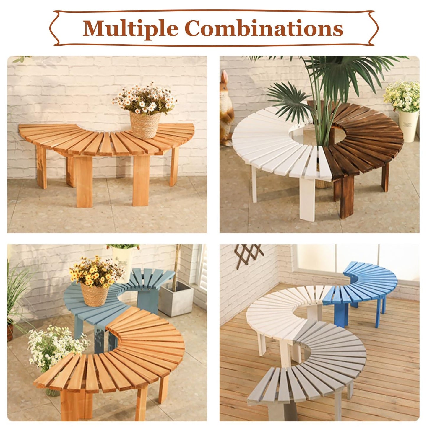 Wooden Semi-Circle Tree Bench - Outdoor Wrap-Around Seating for Park, Garden, Porch & Lawn - All-Weather Brown Furniture Decoration (Half Round Size)