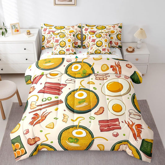 Erosebridal 7 Piece Ramen Noodle Bedding Set Queen,Funny Food Comforter Set Ramen Lovers Gifts for Kids Adults,Japanese Anime Bed Set with Fitted Sheet,Flat Sheet,Pillowcases,Throw Pillow Covers