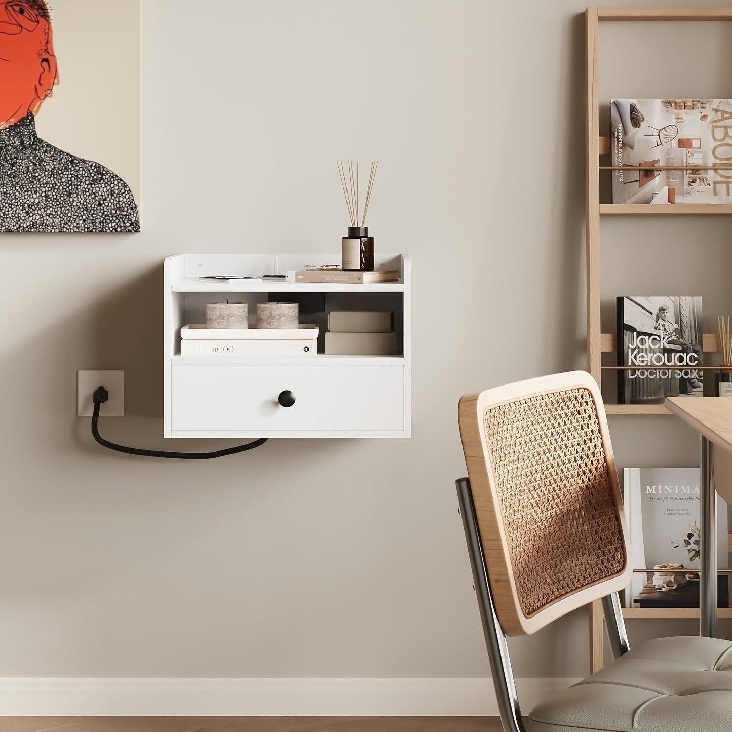 Floating Nightstand Set of 2 Modern Night Stands with Drawer and Open Shelf Cubby Small Bedside End Table with Charging Station Wall Mounted Nightstands Set 2 for Bedroom White