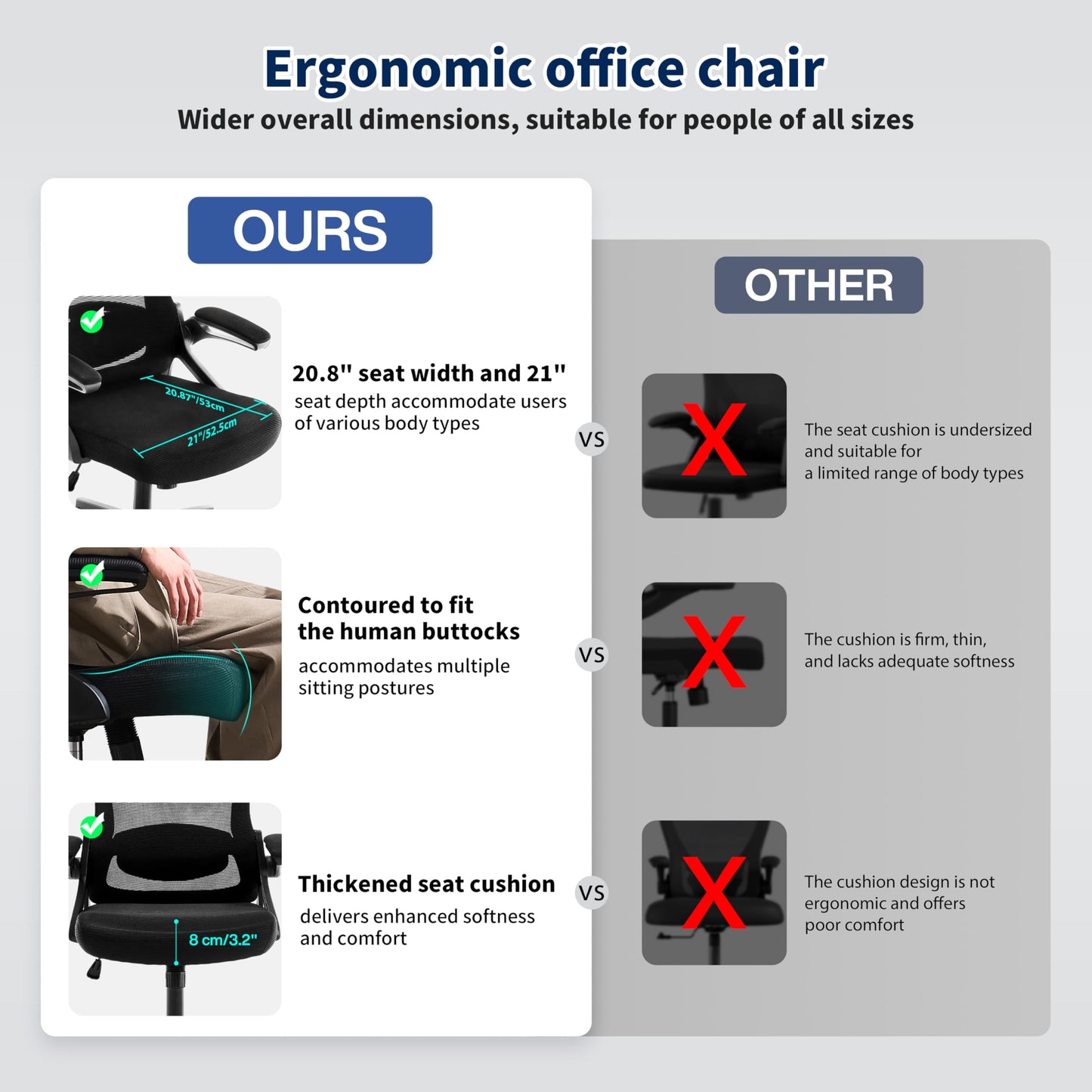 Nexthro Ergonomic Office Chair, Desk Chair with Adjustable Lumbar Support, Breathable Mesh Comfy Computer Chairs with Flip-up Armrests Executive Task Chair for Adults Home Office (2Pcs)