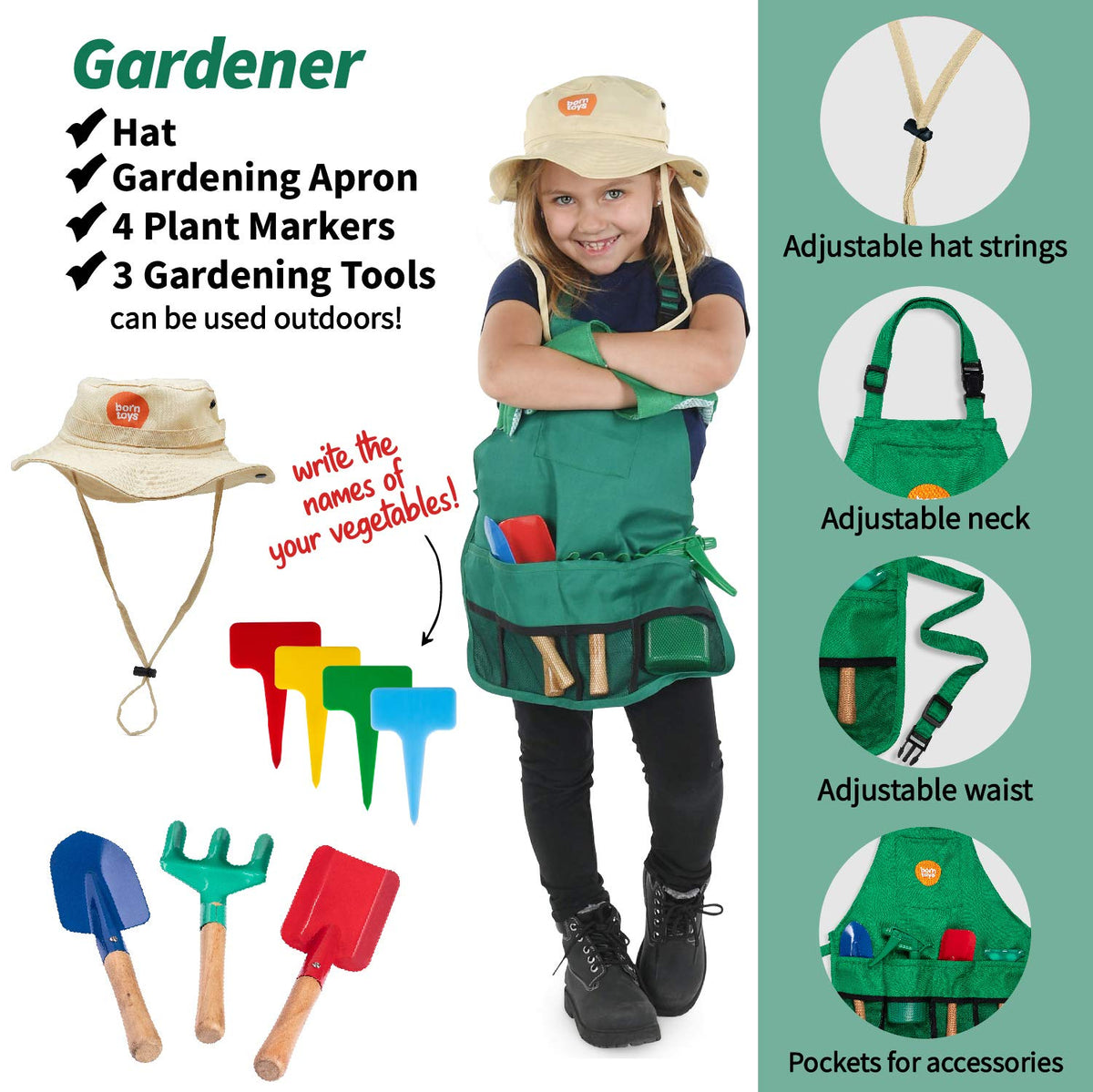 Born Toys 3-in-1 Toddler Dress Up Clothes for Boys & Girls Ages 3-7, Chef, Construction and Gardener Costumes for Kids with Working Pretend Play Toy Accessories, Career Outfit Set, Gift Ready