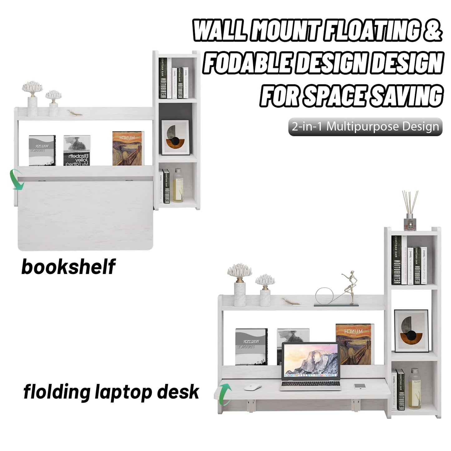 Pmnianhua Floating Desk,41'' Wall Mounted Desk,Fold Down Laptop Desk,Folding Workstation,Space Saving Table with Storage for Bedroom Study Room Small Space (Off White-Left)