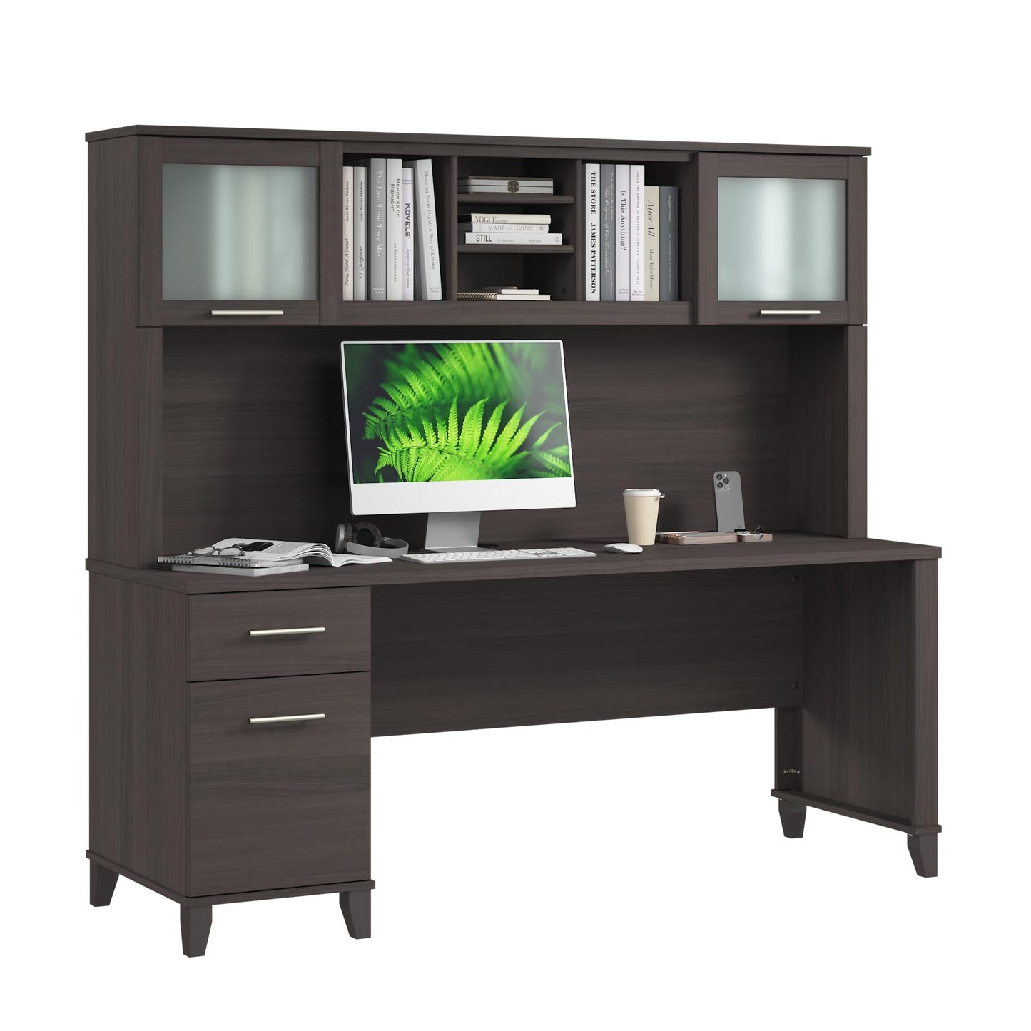 Bush Home 72-Inch Office Desk with Drawers and Hutch, Computer Desk with File and Box Drawers, Shelves and Storage Cabinet, Home Office Workstation, Somerset Collection, Storm Gray