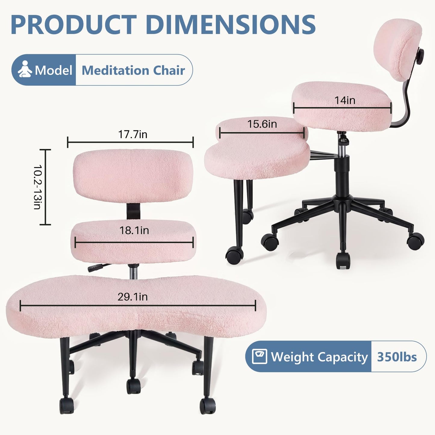 DUMOS Ergonomic ADHD Cross Legged Office Desk Chair with Adjustable Backrest, Height Adjustable Meditation Chair with 360° Swivel Footstool, Teddy Fabric Yoga Stool for Home Office, Pink