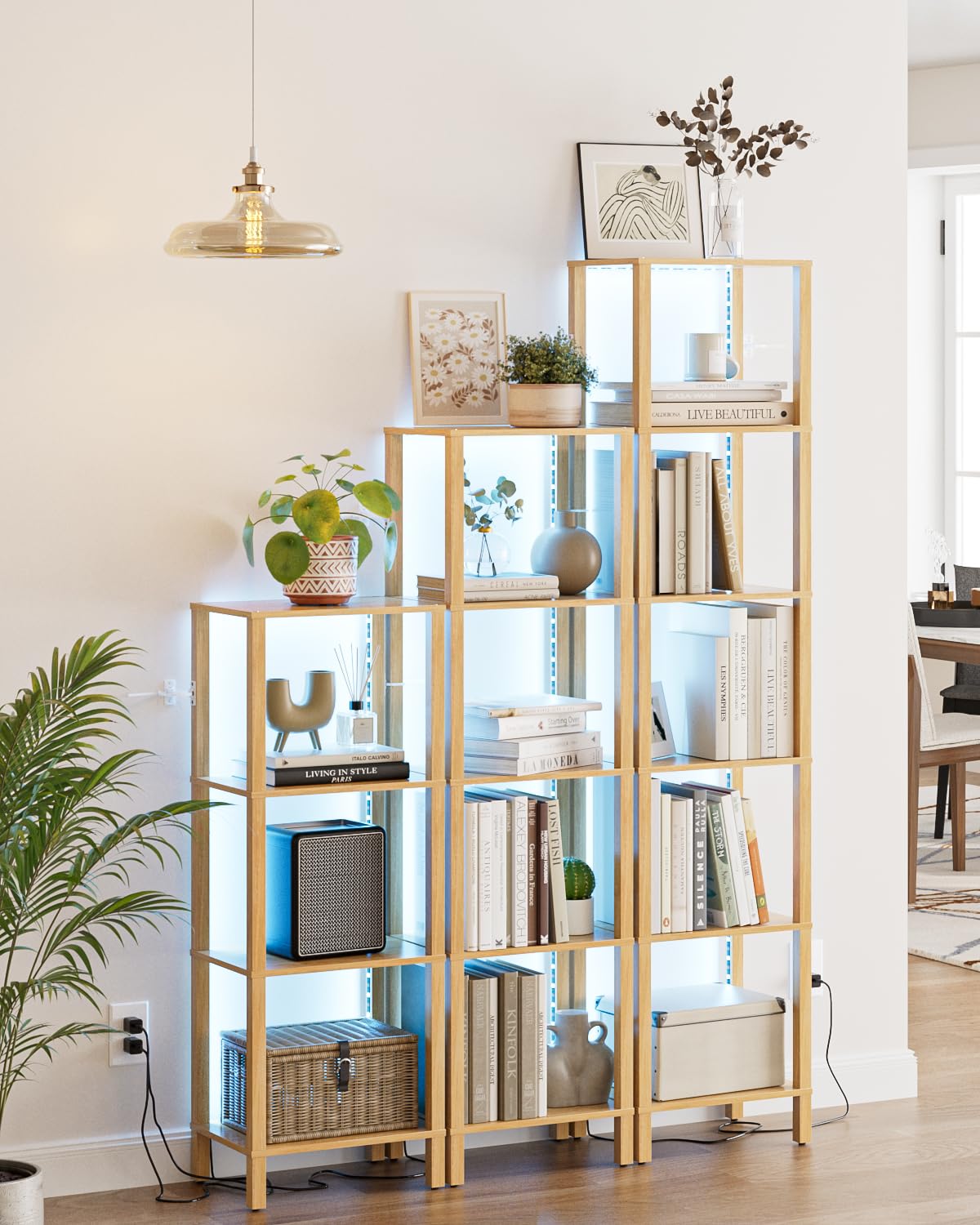 Apetaccat Open Book Shelf with LED Lights, 4 Tier Small Bookshelf, Freestanding Shelf Narrow Bookcase with Open Shelves, 14.96" x 10.63" x 41.26", Book Shelves for Living Room, Office, Study, Oak