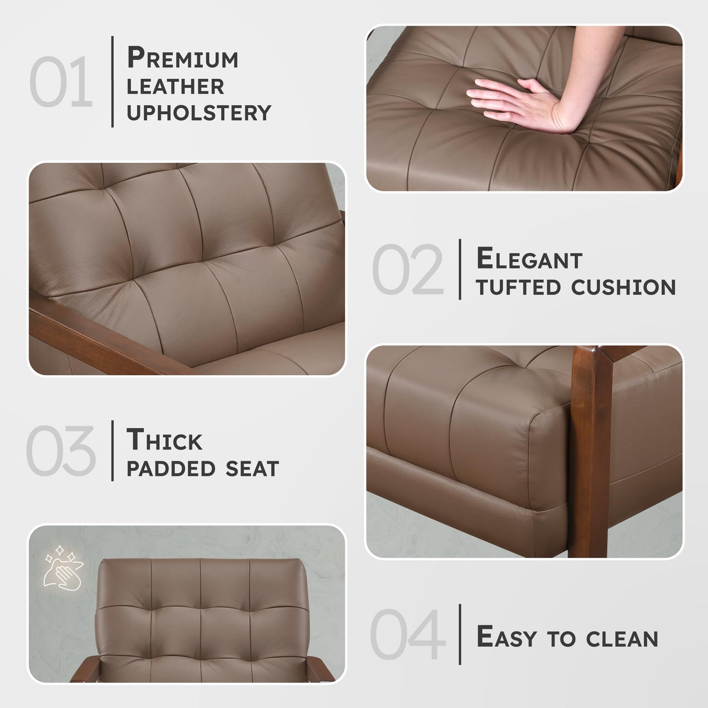 Lexicon Modern Accent Chair, Luxury Genuine Leather Match Living Room Chair with Tufted Cushions, Solid Wood Frame and Arm Rest, Comfy Upholstered Single Seat for Bedroom/Reading/Office, Brown