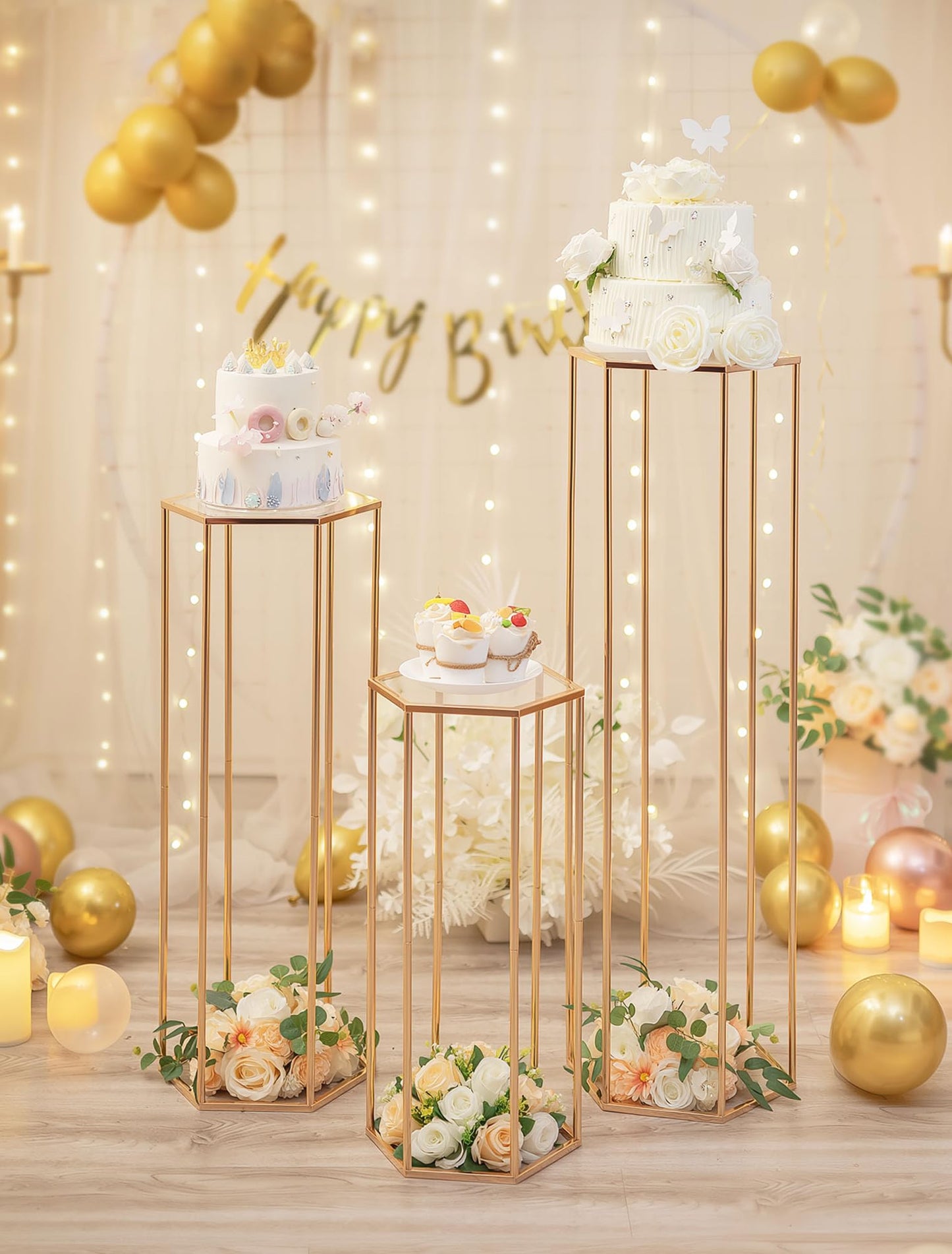 Inweder Cylinder Pedestal Stands for Party: Three-Piece Gold Hexagon - 23.6"/29.5"/35.4" Tall Gold Stand for Party - Cylinder Wedding Table for Outdoor Indoor Party