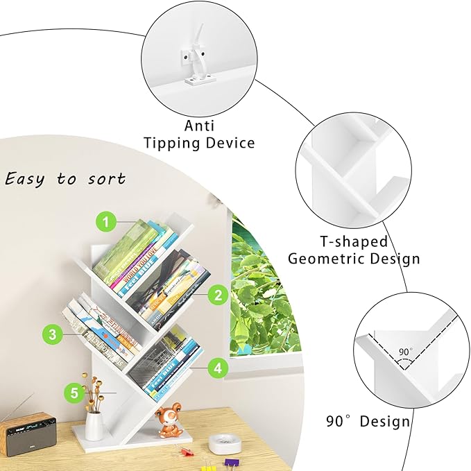 SHEEPAM 5 Tier Tree Book Shelf, Small Desktop Bookshelf