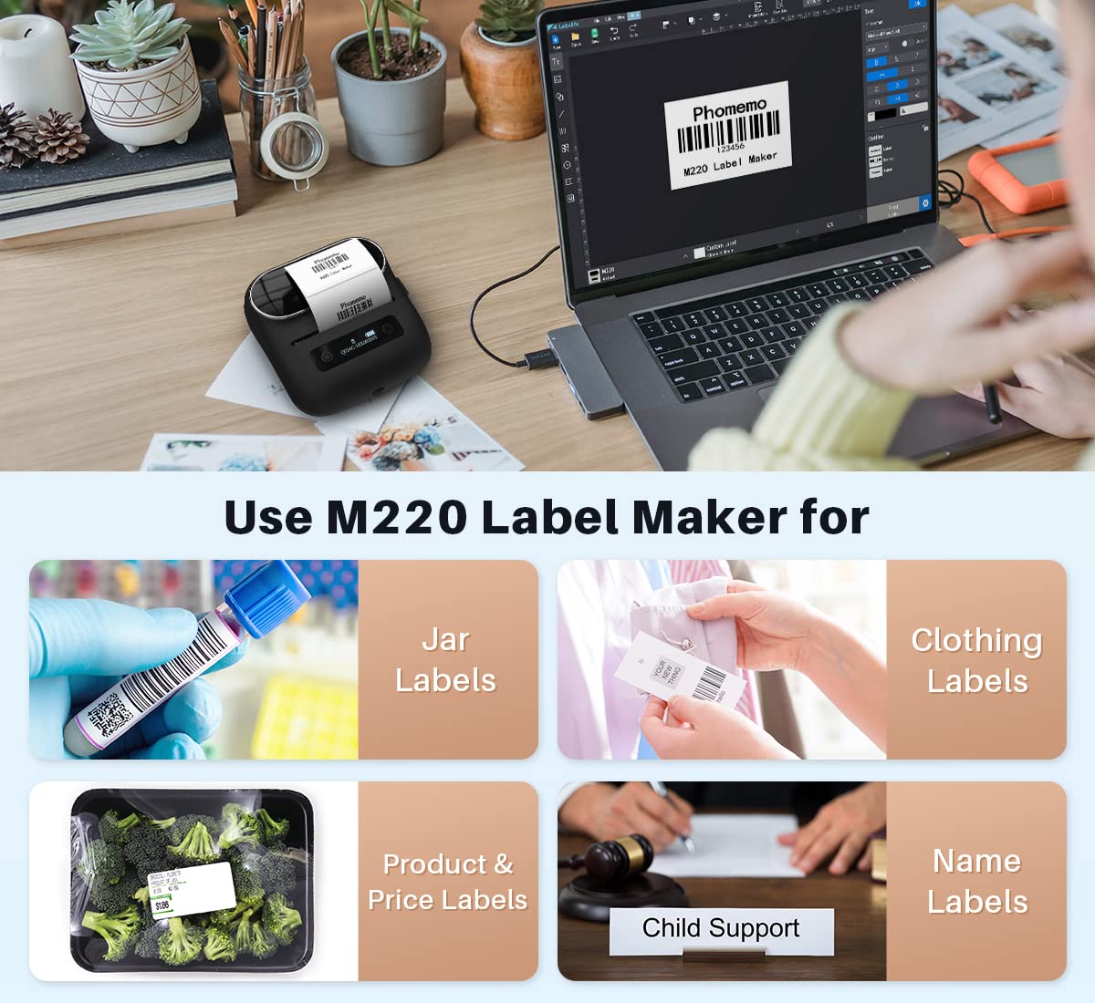 Phomemo M220 Bluetooth Label Maker - 3.14" Portable Thermal Printer with 3 Label, 2200mAh Battery, iOS/Android Compatible, for Small Business Home Office Organization & Barcodes