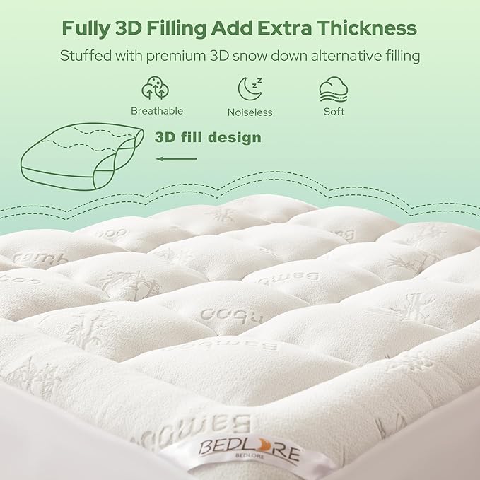 BEDLORE Full Size Mattress Topper Viscose Derived from Bamboo, Thick Pillow Top