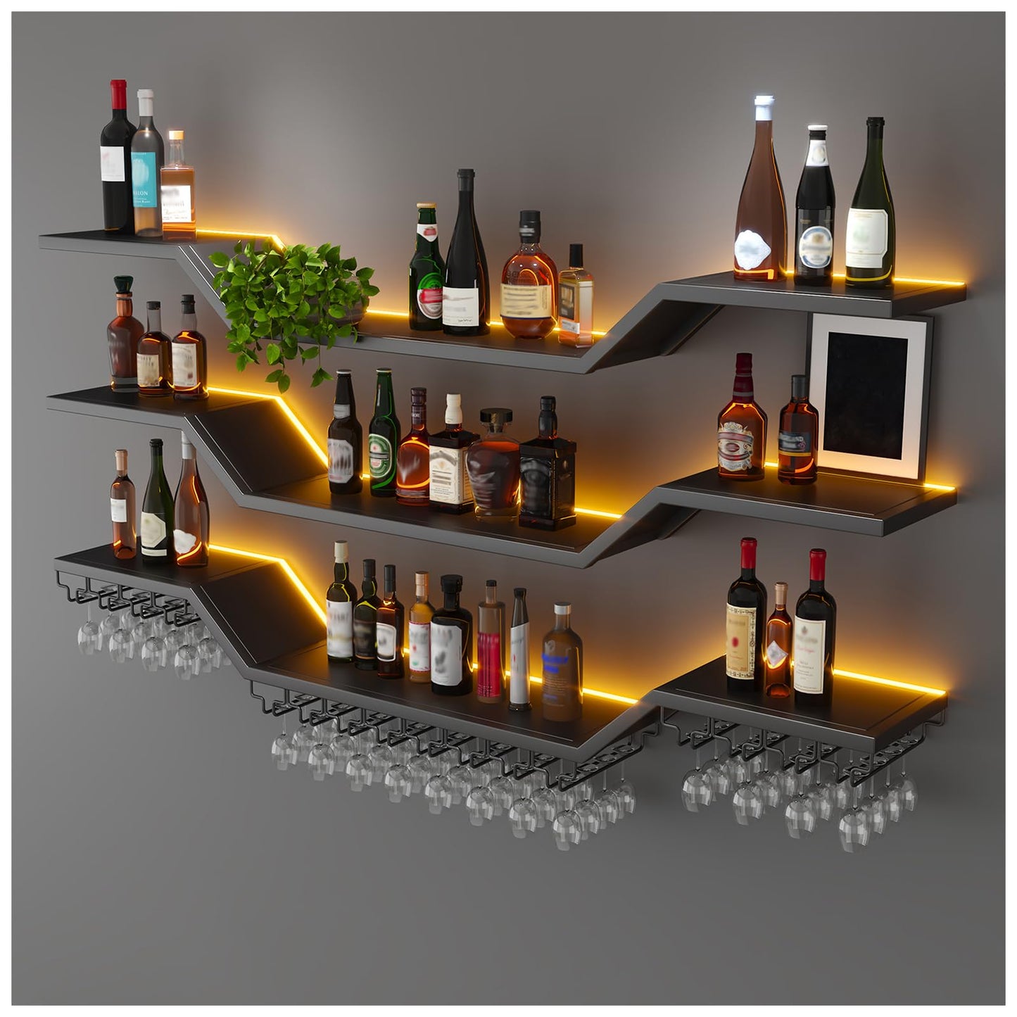 31.5in Modern LED Wine Rack Wall Mounted, 3-Tier Floating Bar Shelves with Wine Glass Rack, Large Hanging Liquor Shelf Wall Mounted, for Home Bar Dining Room Cafe Decorative (Black, 31.5in/80cm)