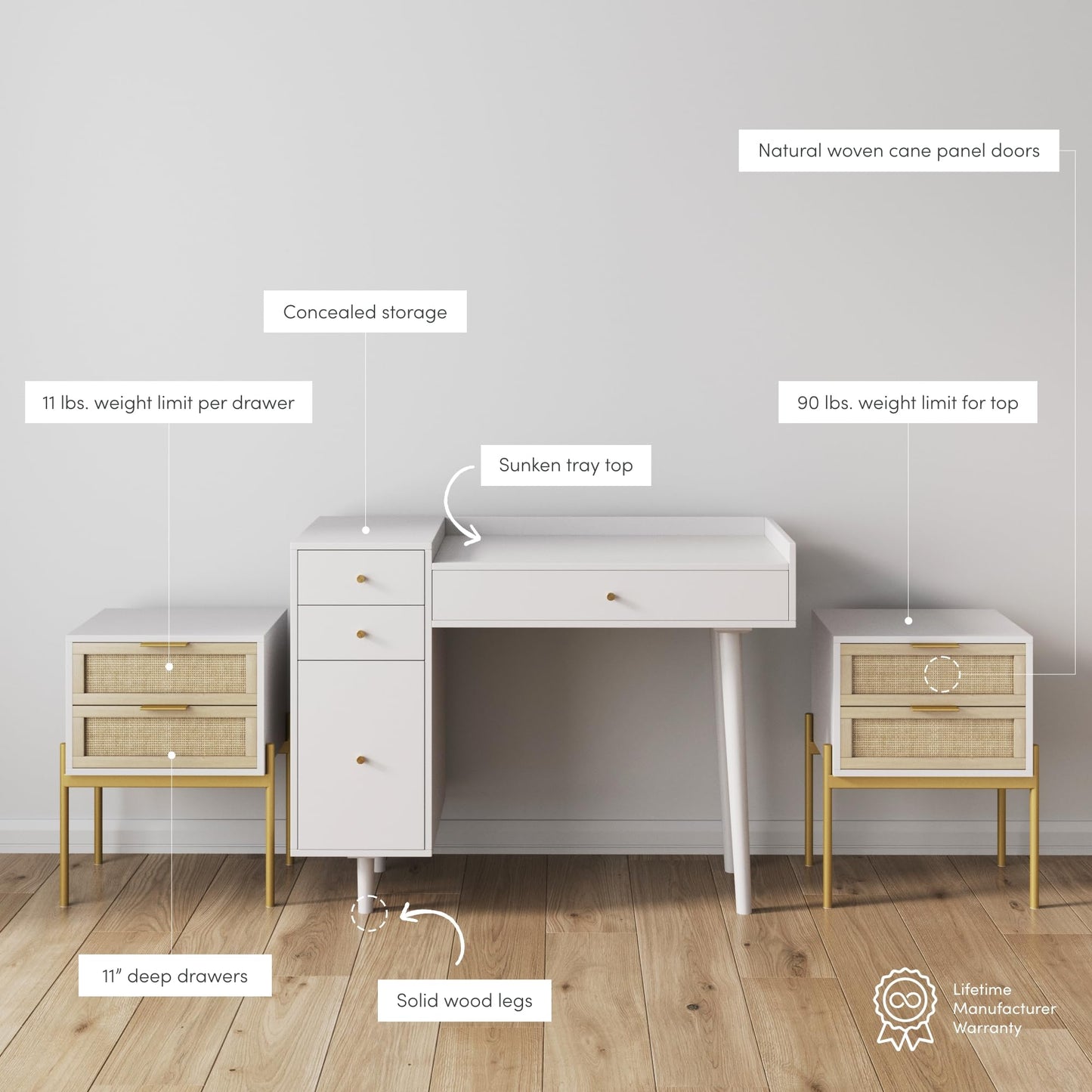 Nathan James Daisy White Desk Wall Unit, Vanity and Nightstand Set, Wood Desk with Drawer and Side Table with Metal Legs and Rattan Accent