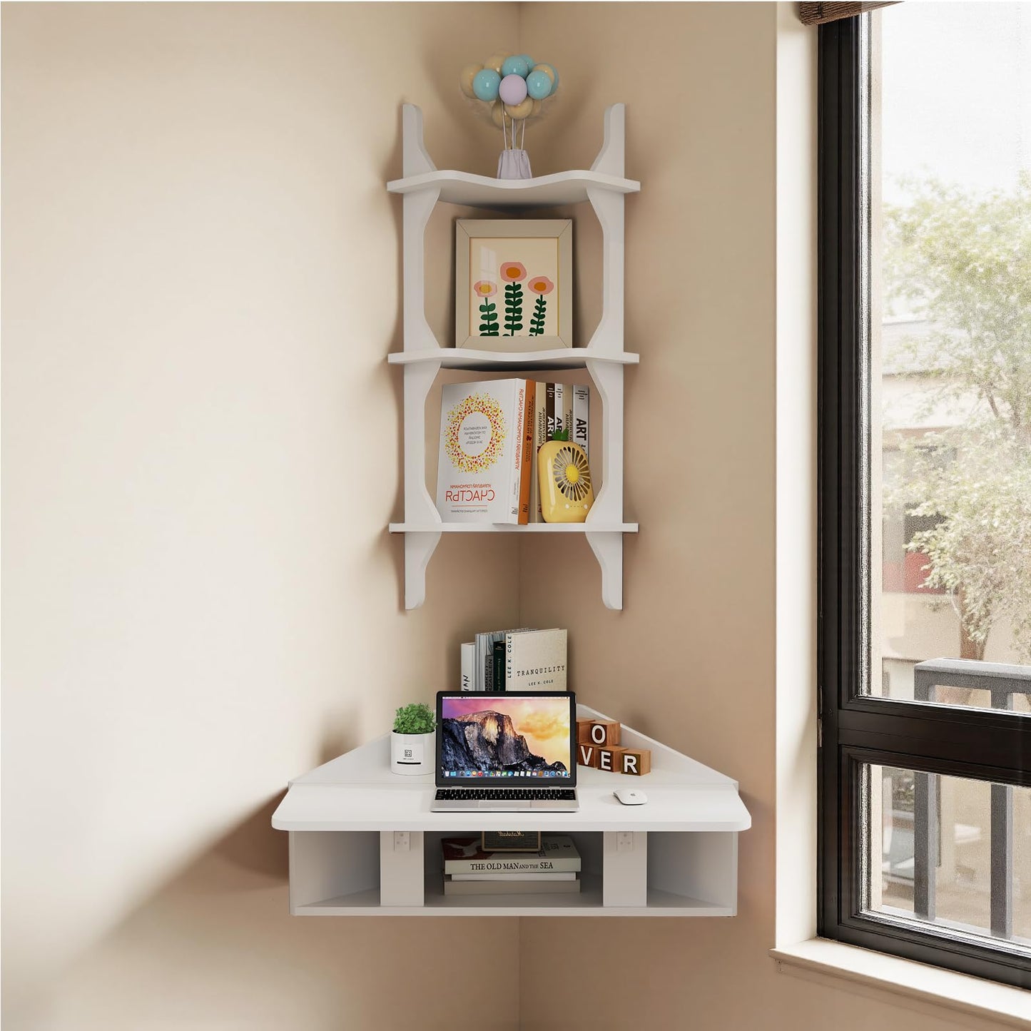 Pmnianhua Floating Corner Desk,Wall Mounted Table with Shelves,Folding Corner Shelf,Wall Corner Shelf for Small Space Computer(Grayish White)