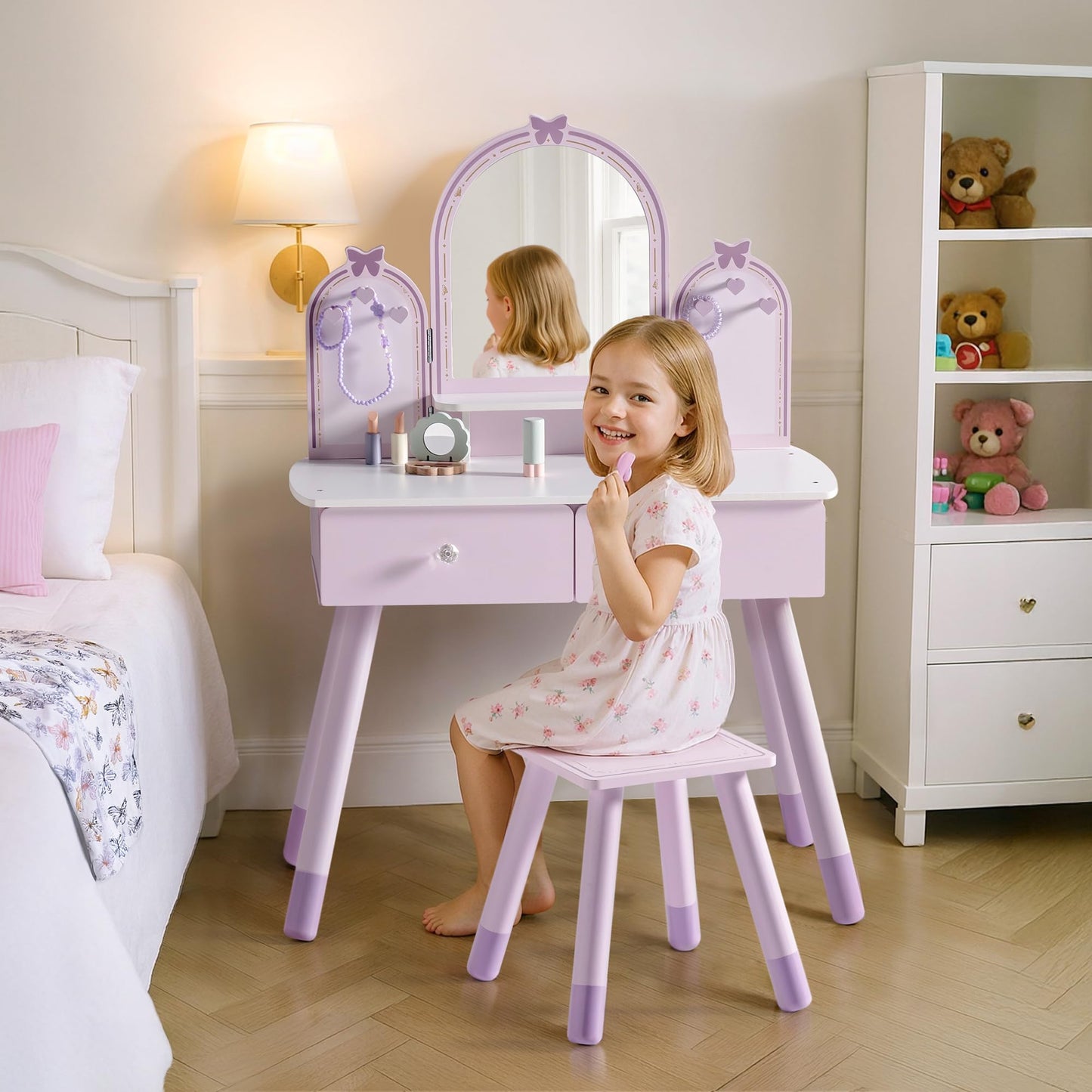 ROBOTIME Purple Kids Vanity Set, Makeup Vanity Desk with Mirror, Chair and Storage Drawers, Little Girl Dressing Table with Stool for Toddlers Ages 3+